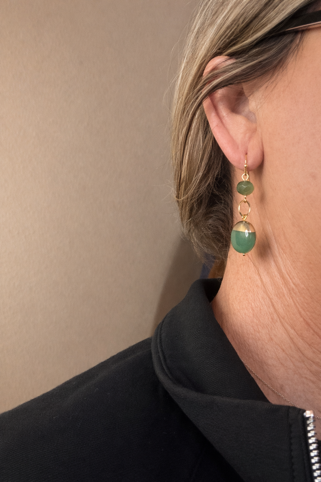 Modern Luck Jewelry Set: Gold Vermeil Green Stone Drops & Link Bracelet