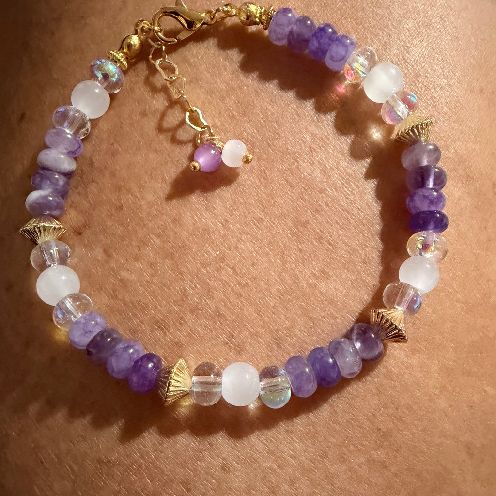Natural Amethyst and Milky Quartz Gemstone Beaded Bracelet or Anklet with 18K Gold-Plated Findings