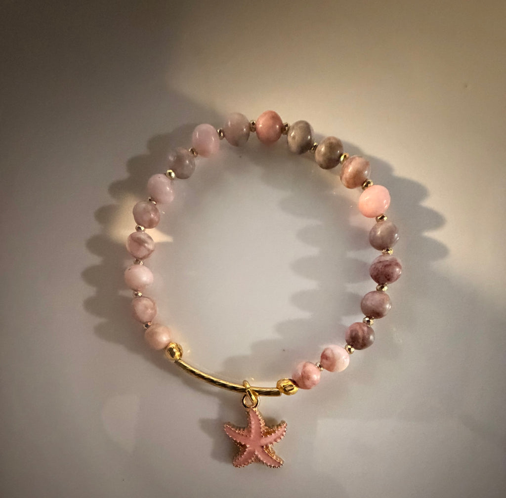Pink Zebra Jasper Bracelet with Starfish Charm in Gold