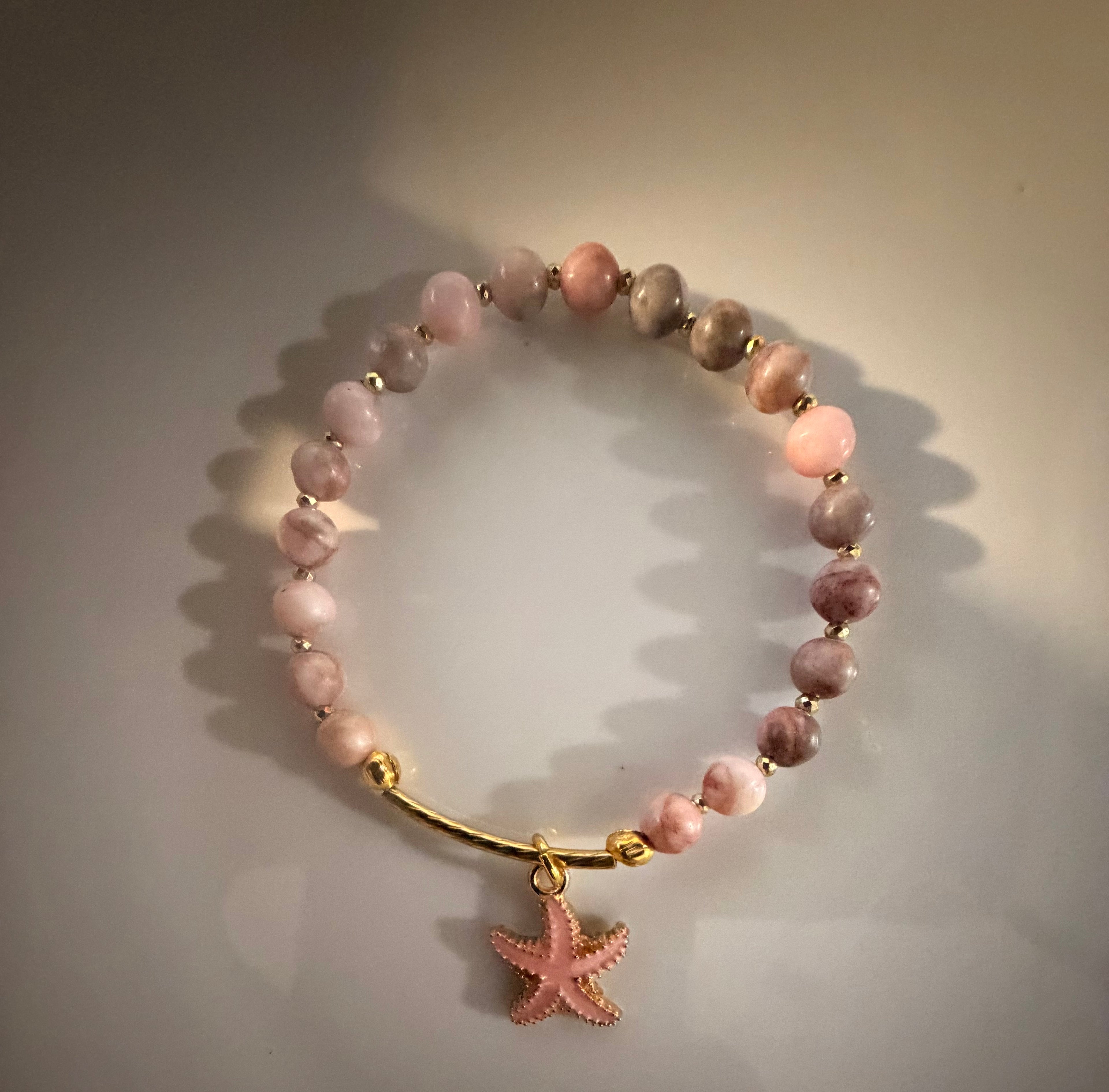 Pink Zebra Jasper Bracelet with Starfish Charm in Gold