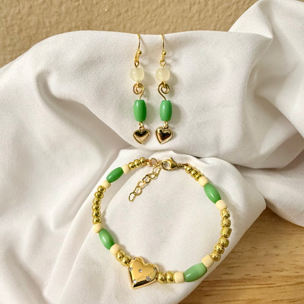 14K Gold Plated Cubic Zirconia Heart Set - Green Bead Dangle Earrings & Bracelet with CZ Heart Charm by SublimeDesignsBySuzie in Holly Hill