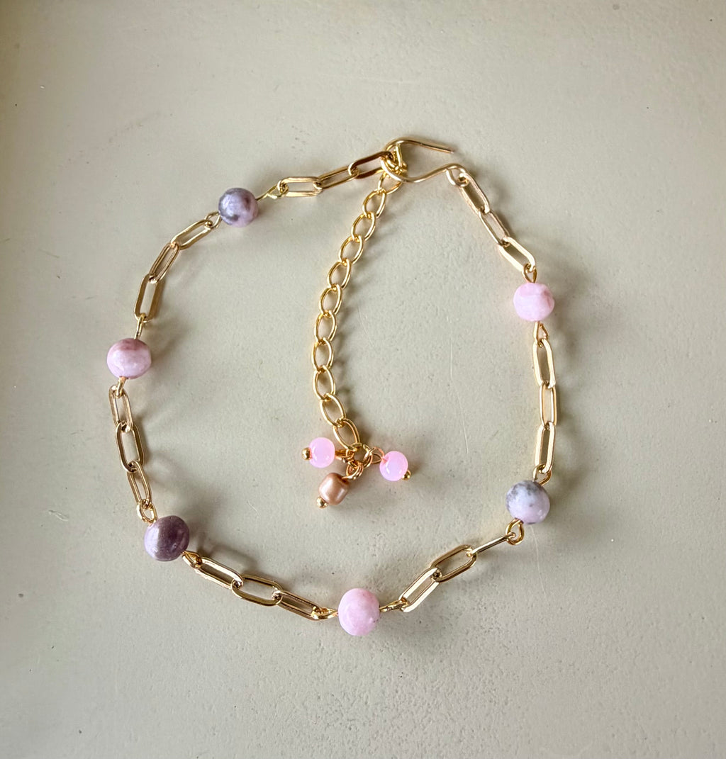 Pink Zebra Jasper Anklet or Bracelet- Gold/Silver Paperclip Jewelry