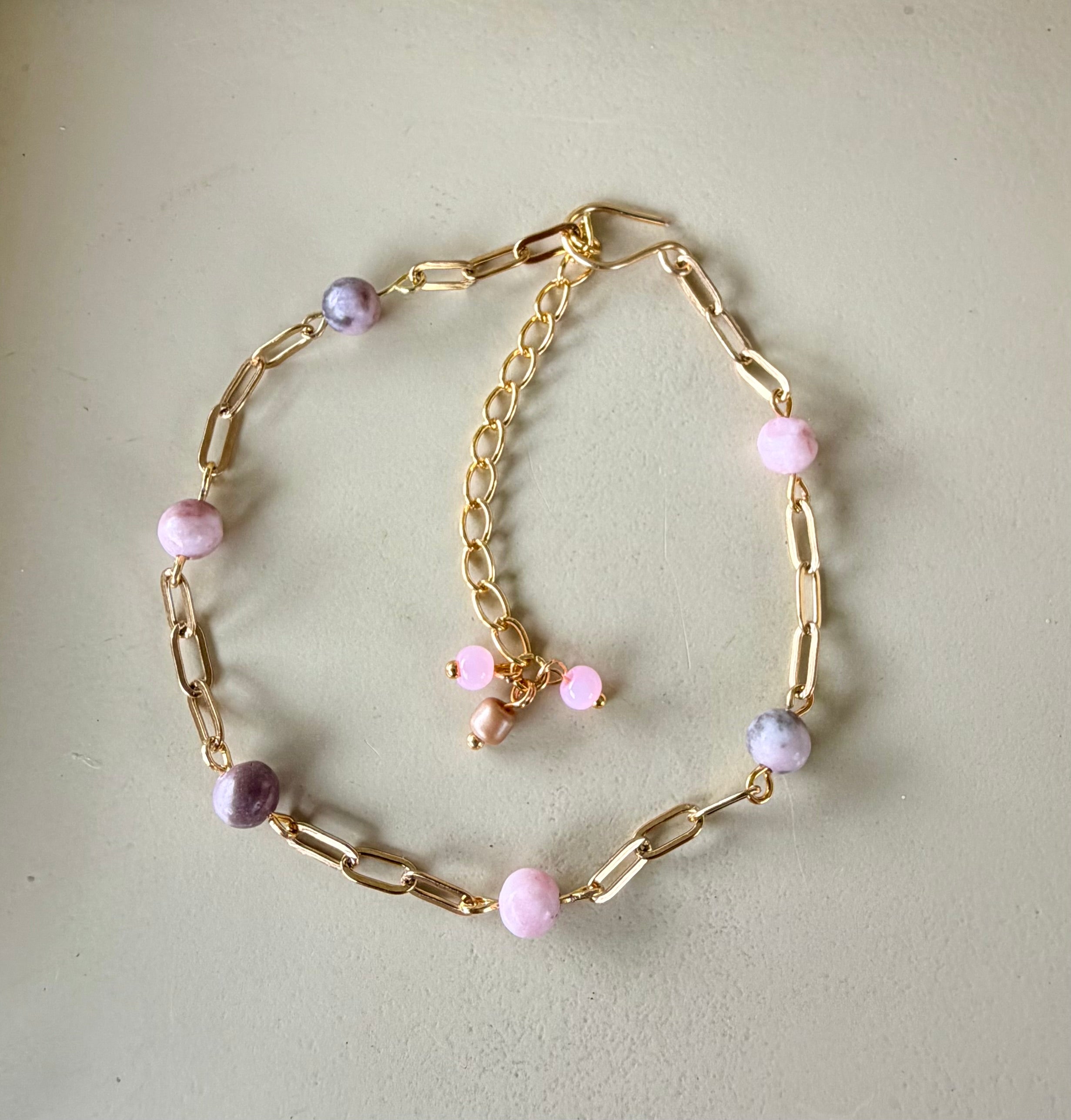 Pink Zebra Jasper Anklet or Bracelet- Gold/Silver Paperclip Jewelry