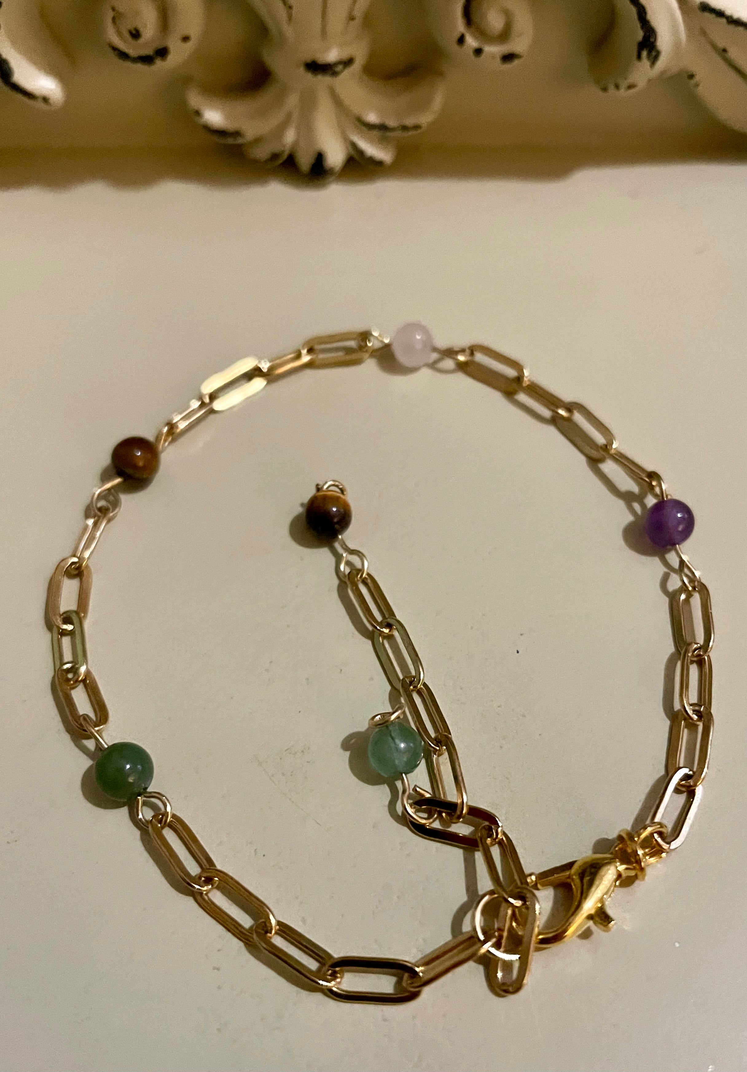 14 Gold Filled Paperclip Gemstone Bracelet or Anklet