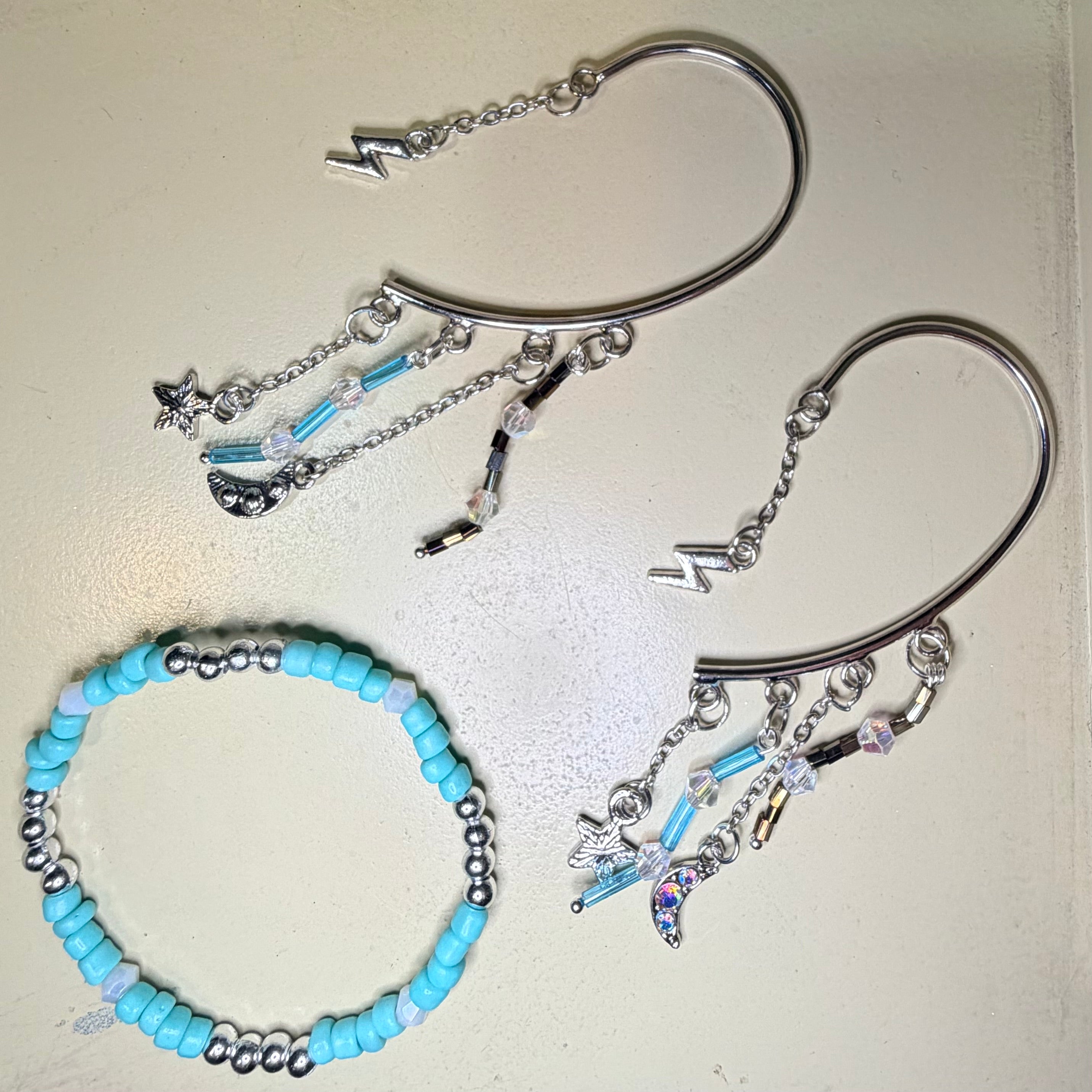 Turquoise Celestial Ear Cuff Jewelry Set – Silver Lightning Bolt & Moon Ear Cuffs with Beaded Bracelet- SublimeDesignsBySuzie