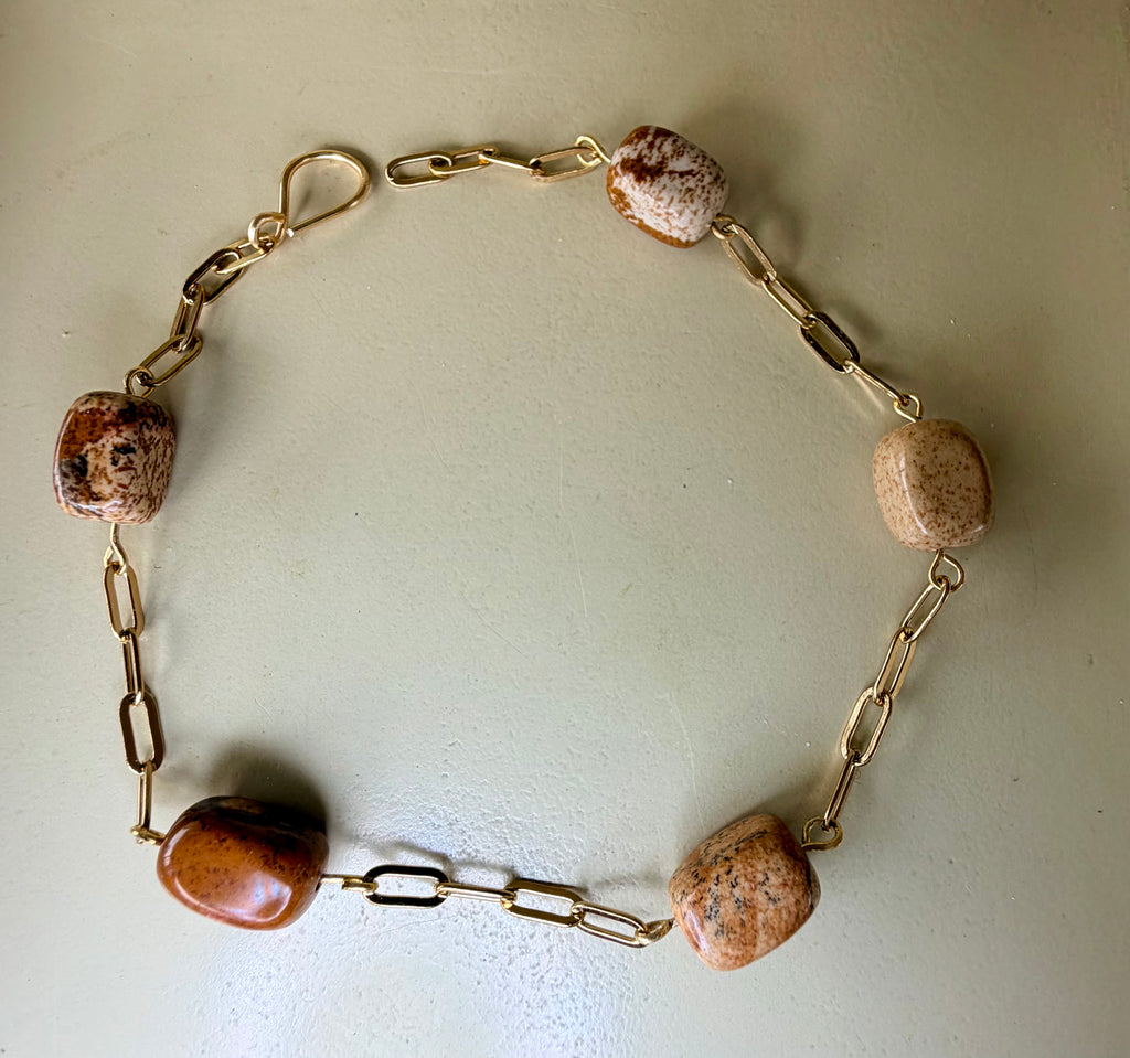 Cuboid Jasper Paperclip Anklet in warm Brown tones