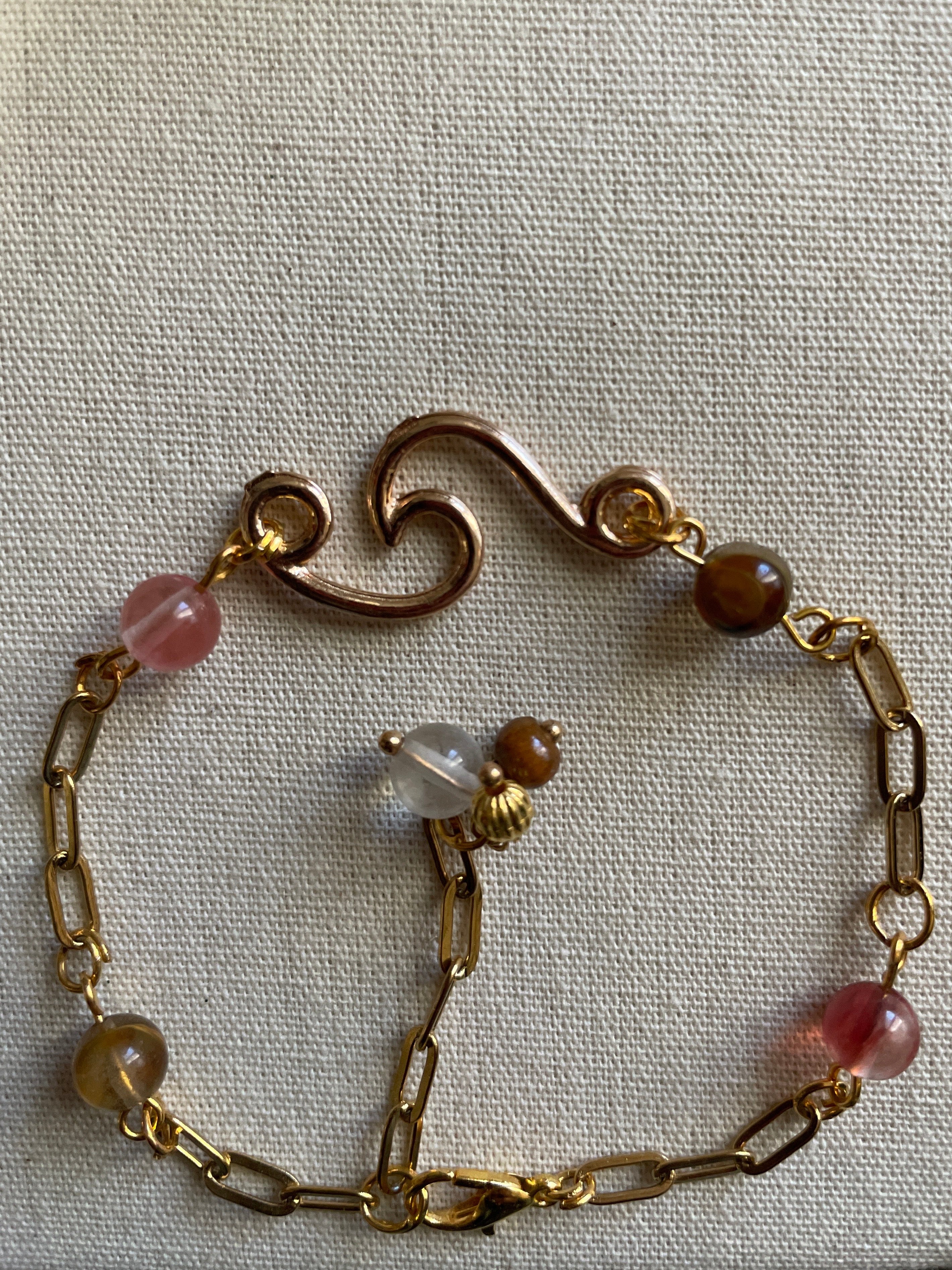 14K Gold Plated PVD Paperclip Chain Bracelet or Anklet with Rose Quartz & Tiger Eye Beads