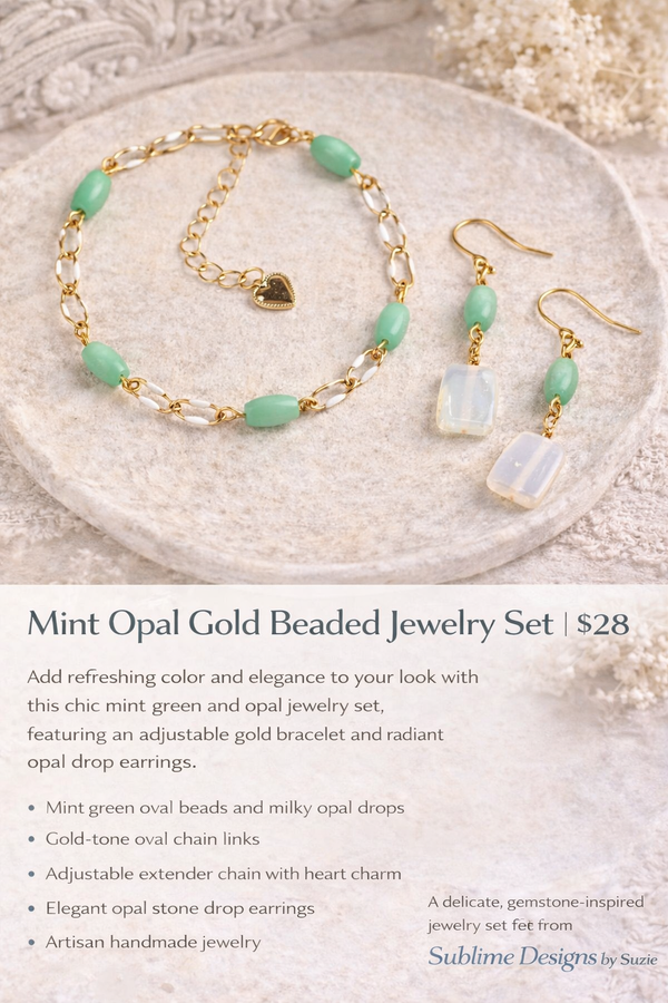 Mint Opal Gold Jewelry Set – Mint Green Beaded Bracelet & Opal Drop Earrings Jewelry Set by Suzie with Sublime Designs Palm Coast