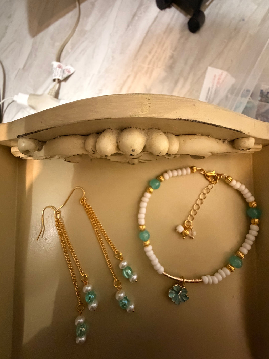 Turquoise & Pearl Gold Plated PVD Beaded Bracelet or Anklet & Dangle Earrings Set - Bohemian Beach Style, Flower Charm, Handmade Gift made by Suzie with Sublime Designs