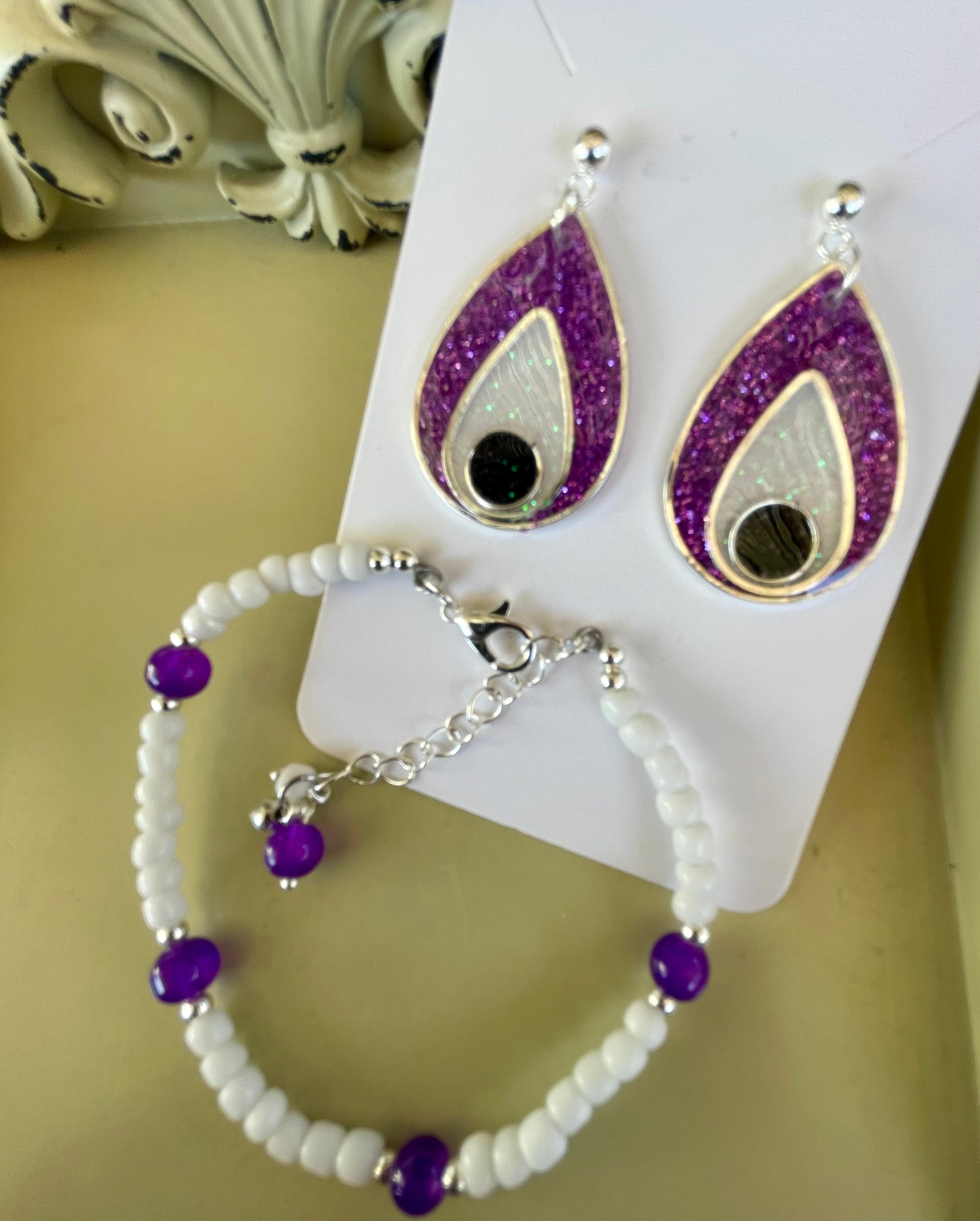 Boho Silver Plated Resin Glitter Earrings & Bracelet Set - Purple Teardrop with Opal Black Inlay, Amethyst Beads Gift for Her- by Suzie with Sublime Designs l