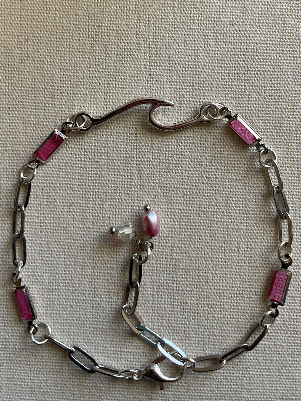 Dainty Silver Plated Paperclip Chain Bracelet or Anklet with Rectangular Rose Gemstone Birthstone Bars & Freshwater Pearl- SublimeDesignsBySuzie