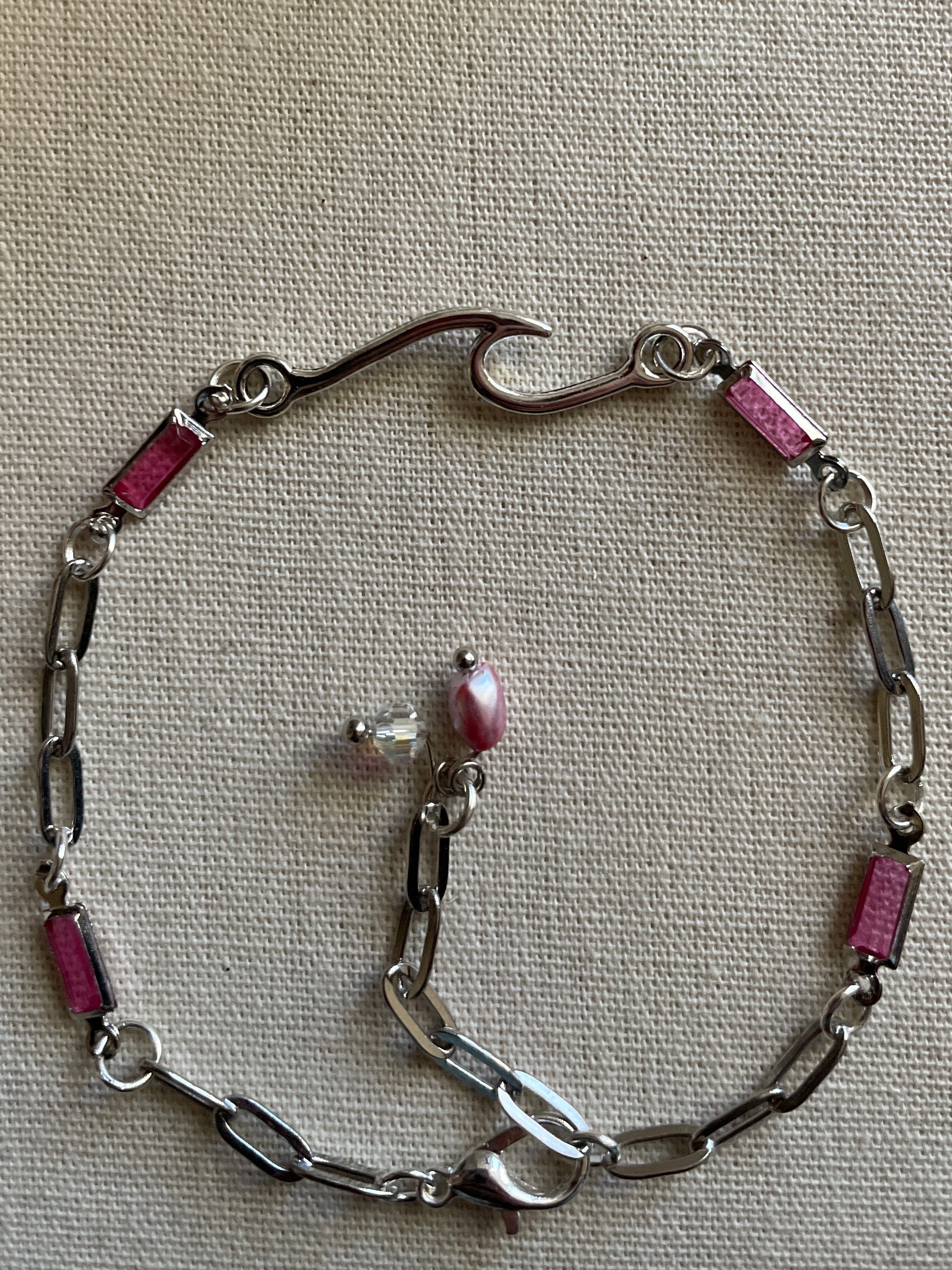 Dainty Silver Plated Paperclip Chain Bracelet or Anklet with Rectangular Rose Gemstone Birthstone Bars & Freshwater Pearl- SublimeDesignsBySuzie