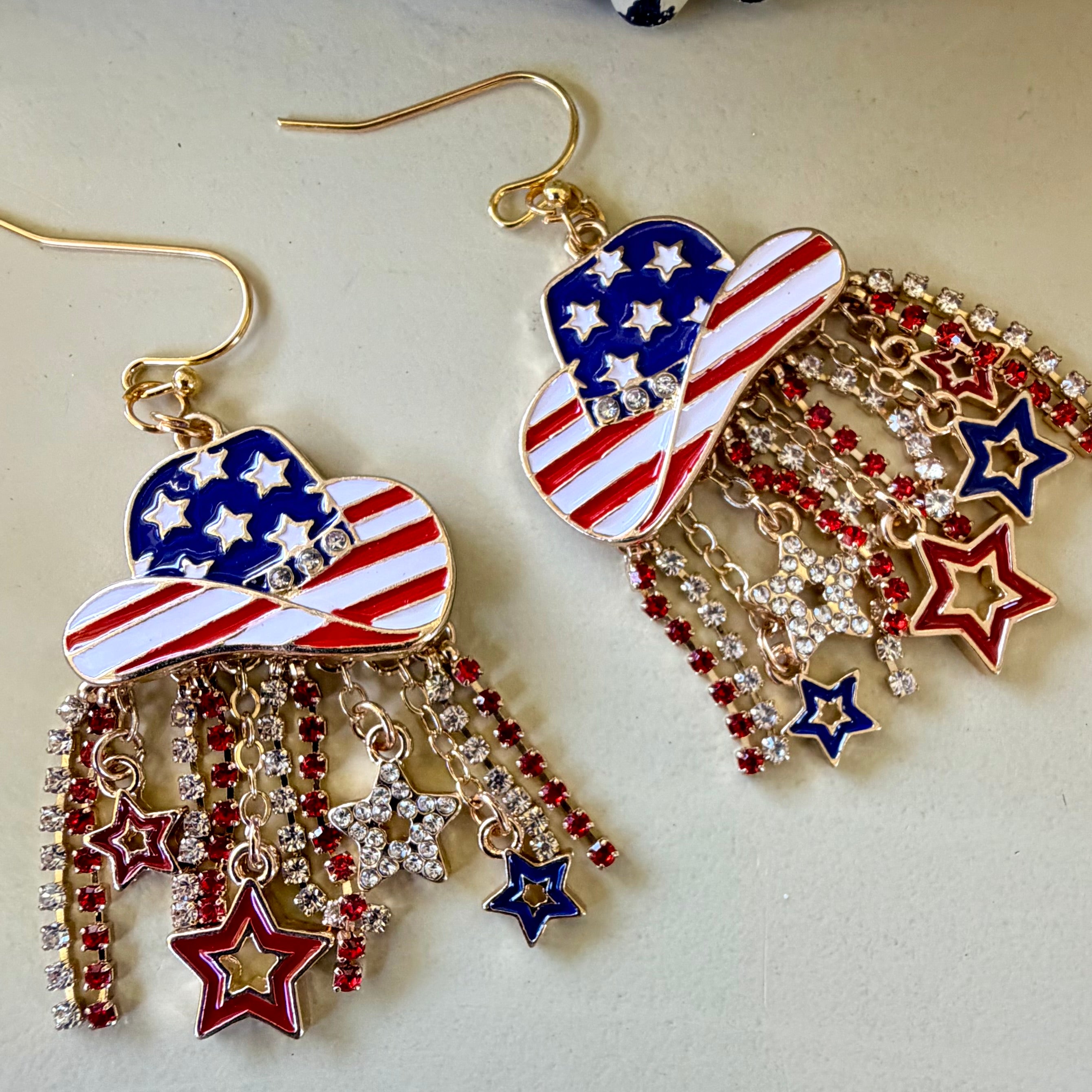 Western Patriotic Jewelry Set: 4th of July Beaded Bracelet & American Flag Cowboy Hat Dangle Earrings with Rhinestones