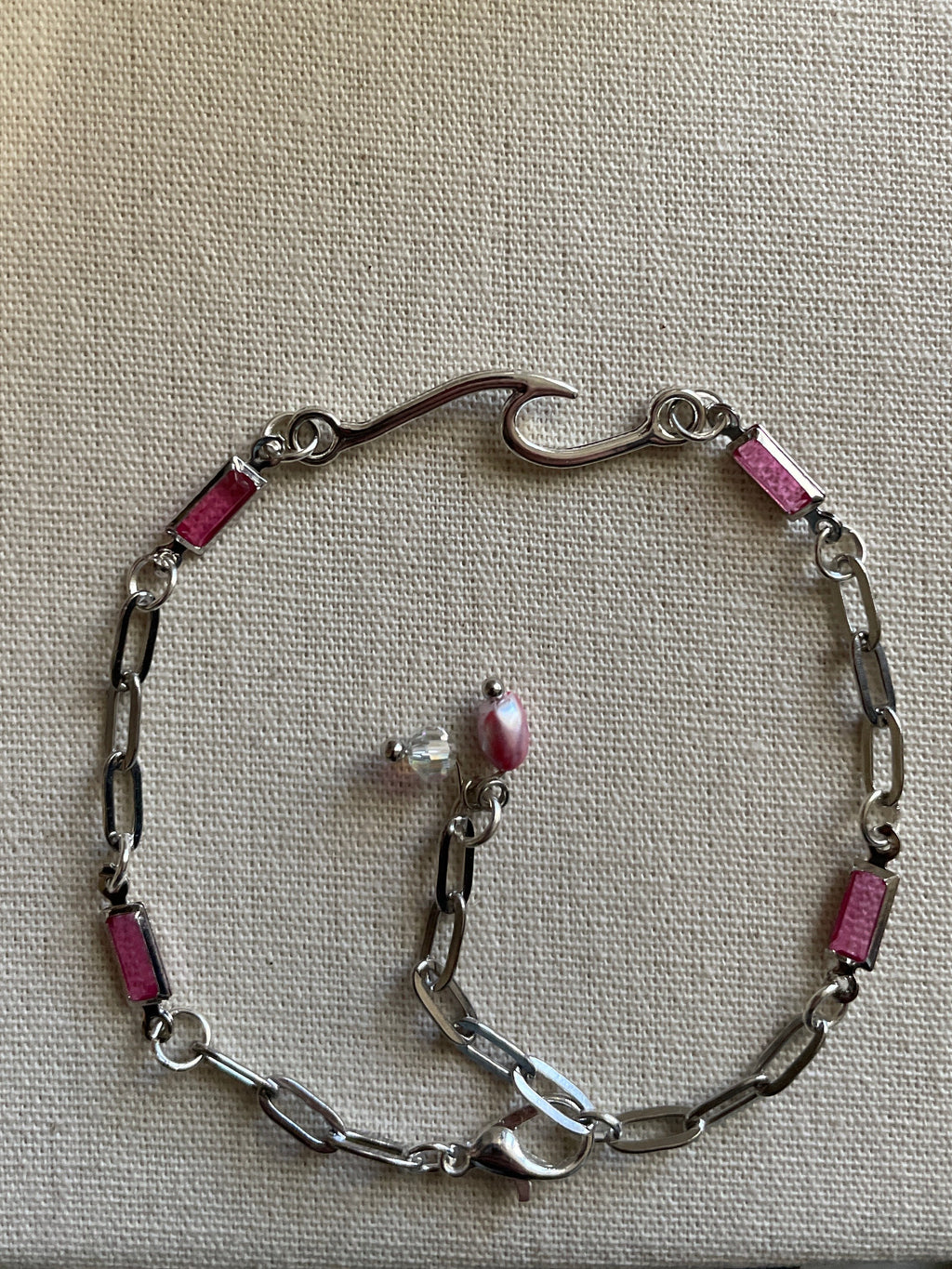 Dainty Silver Plated Paperclip Chain Bracelet or Anklet with Rectangular Rose Gemstone Birthstone Bars & Freshwater Pearl- SublimeDesignsBySuzie