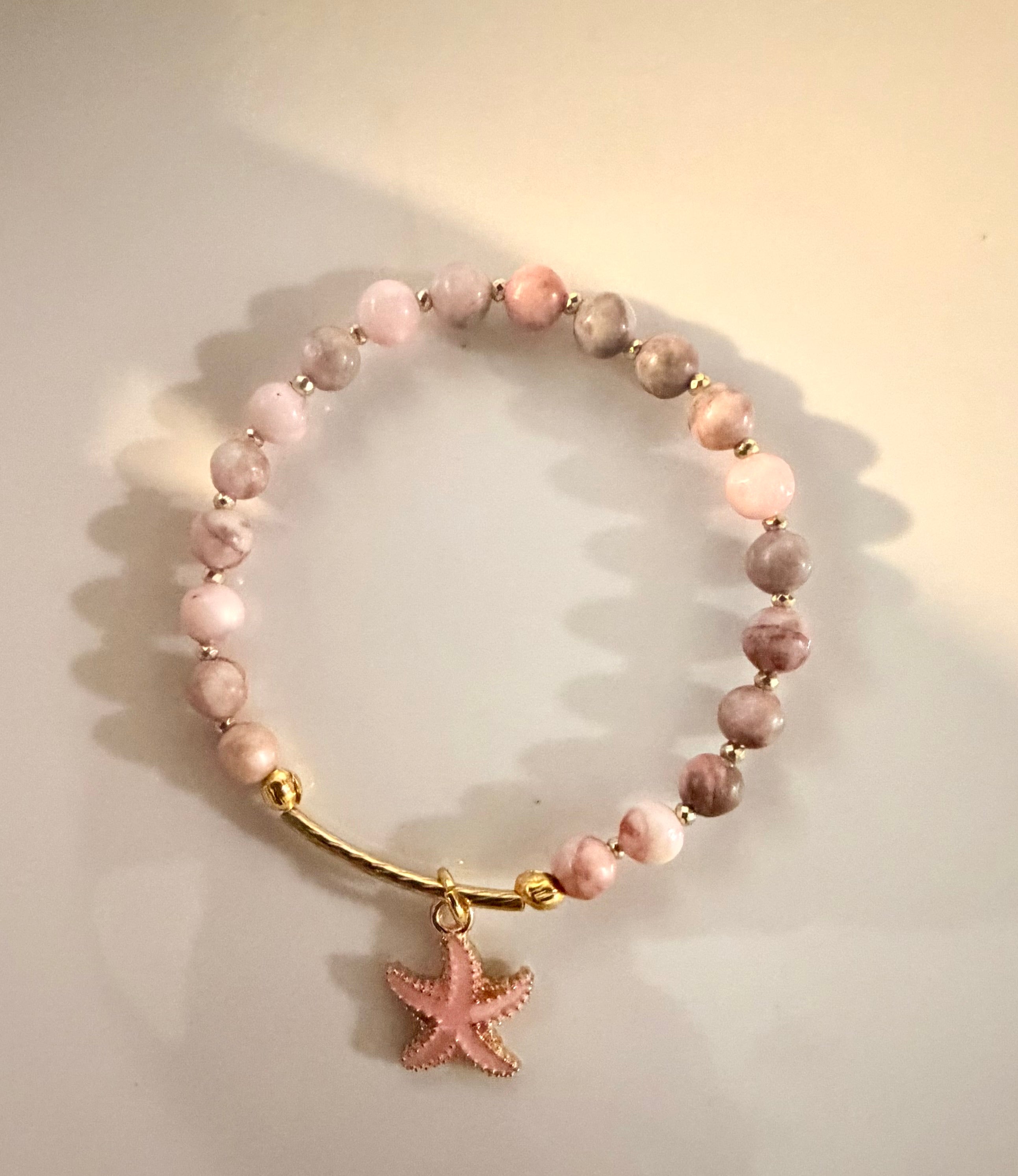 Pink Zebra Jasper Bracelet with Starfish Charm in Gold