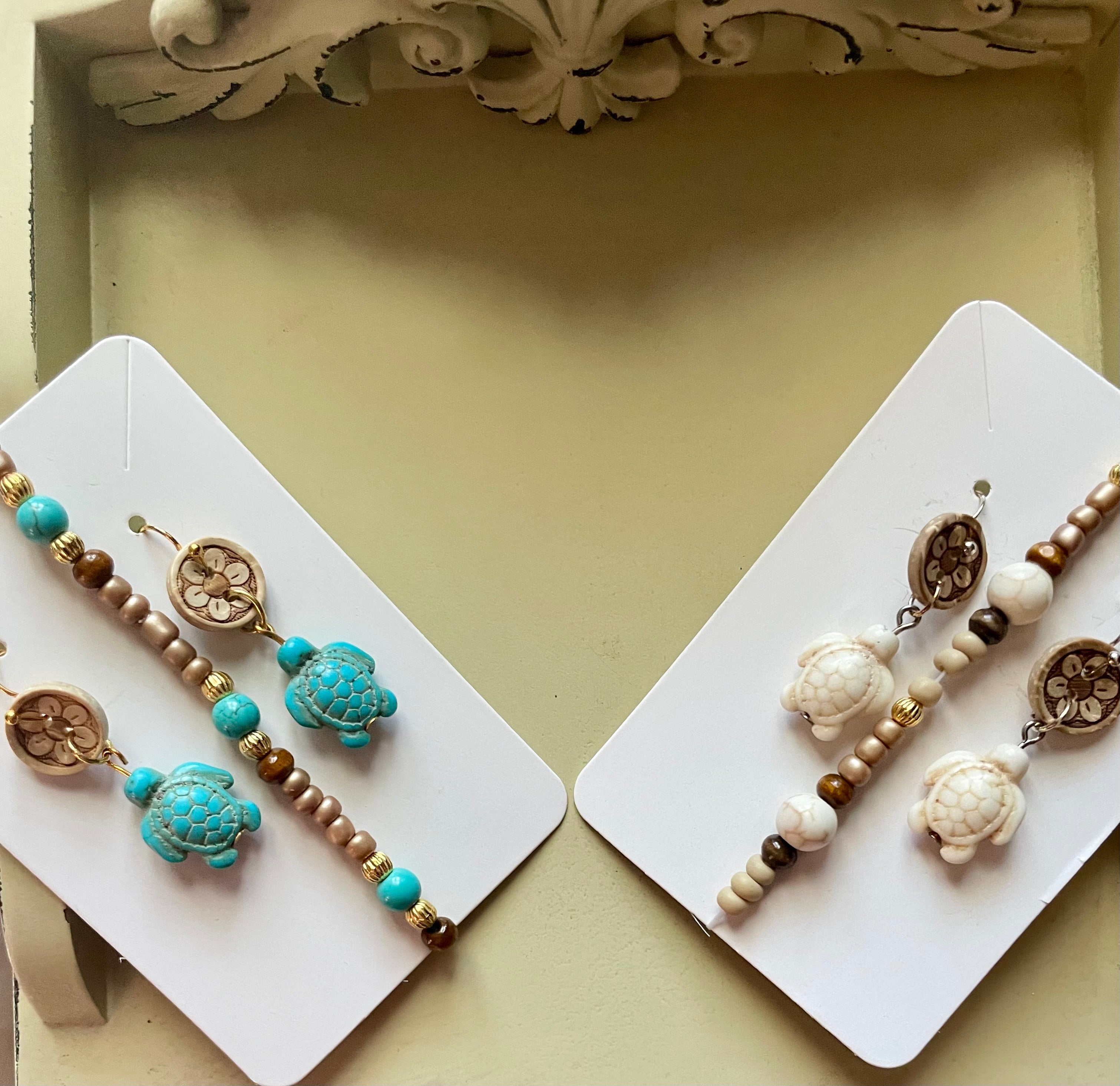 Turquoise Turtles or Off White Turtle Earrings and Bracelet