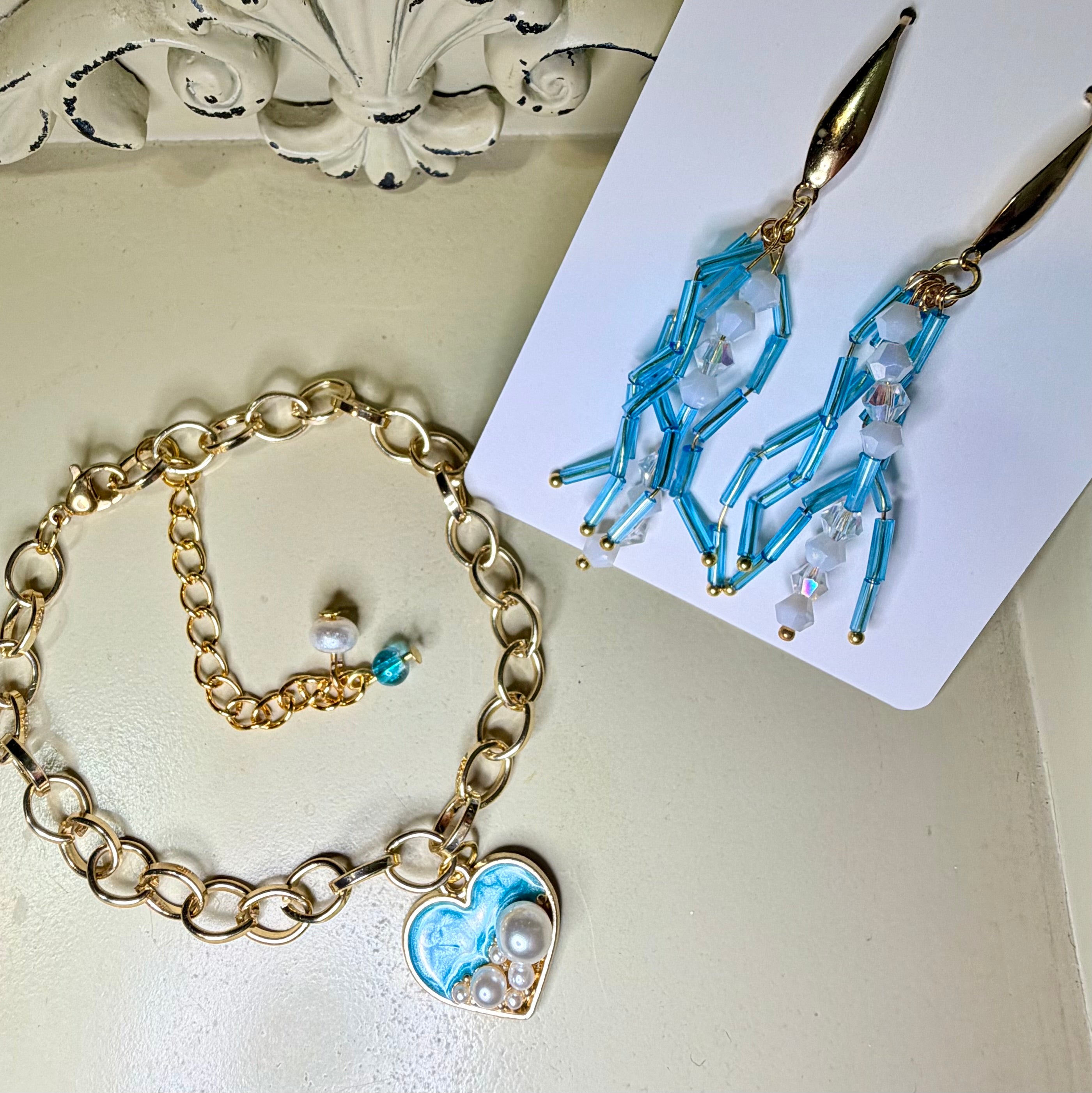 Ocean Pearl Heart Charm Jewelry Set – Turquoise Fringe Earrings & Gold Chain Bracelet by SublimeDesignsBySuzie