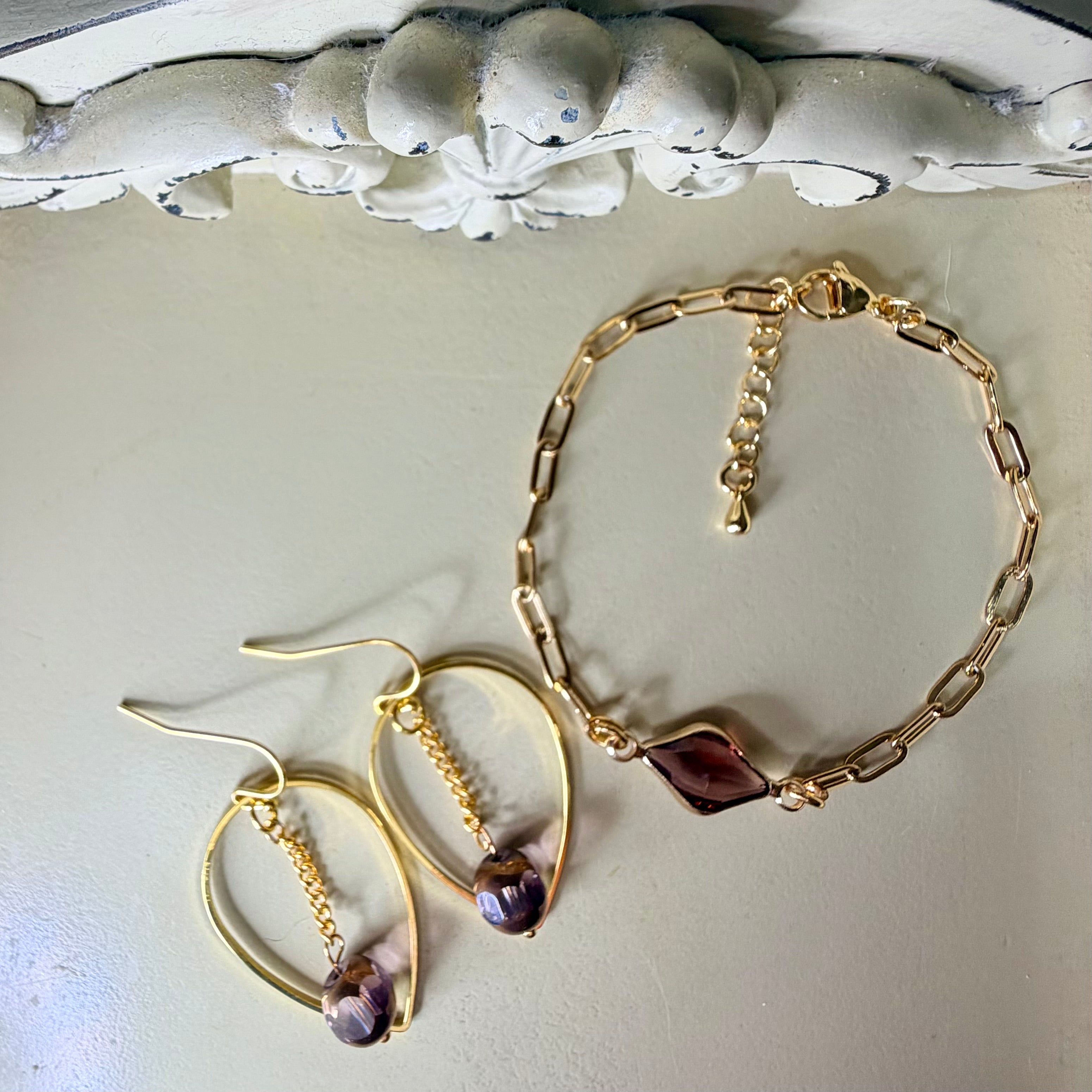Trendy Boho Gold Plated Iridescent Purple Plum Bead Jewelry Set - Chunky Paperclip Chain Bracelet or Anklet with Plum Glass Pendant & Hoop Earrings by SublimeDesignsBySuzie