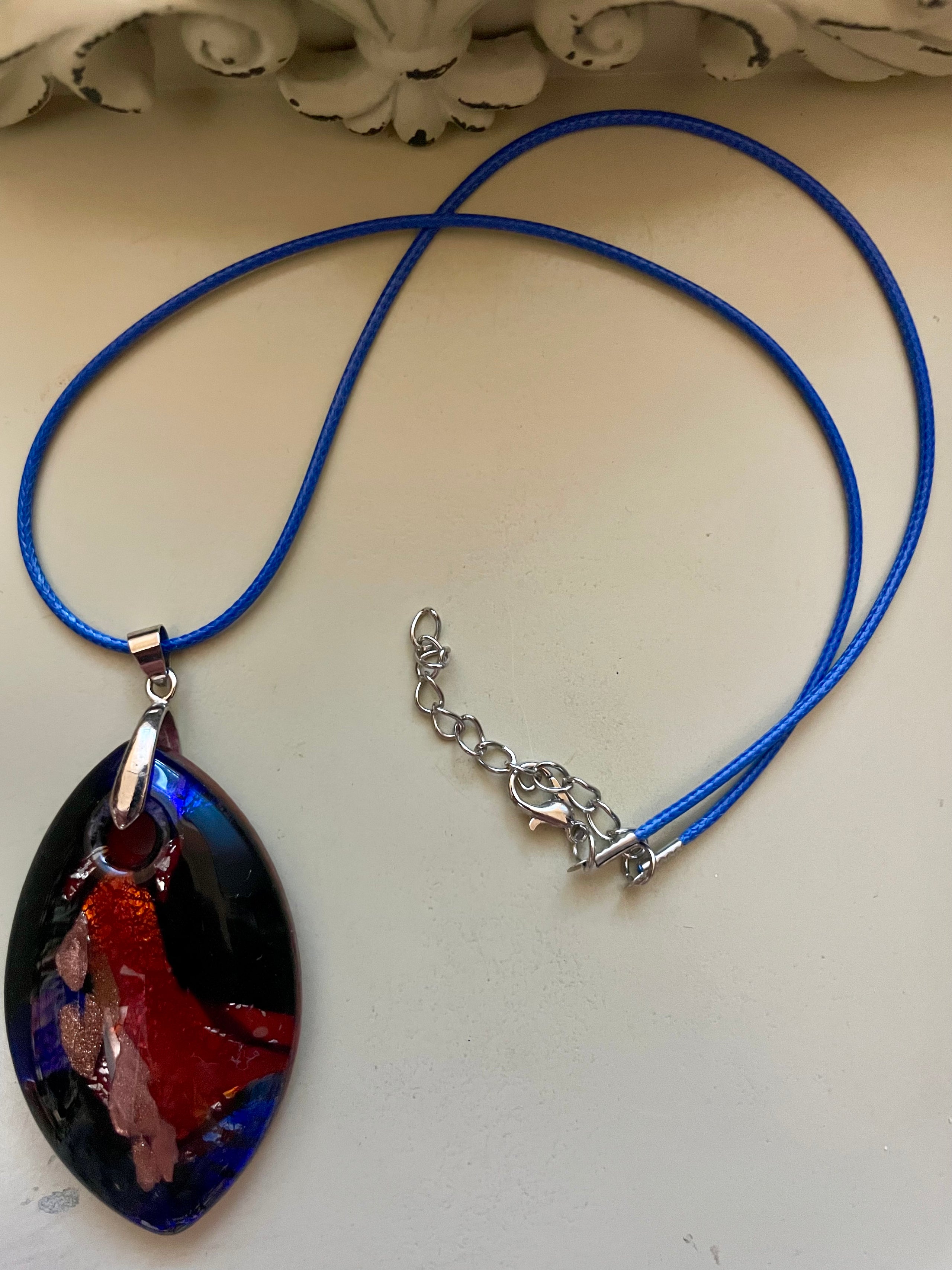 Fiery Galaxy Blown Murano Glass Teardrop Pendant Necklace