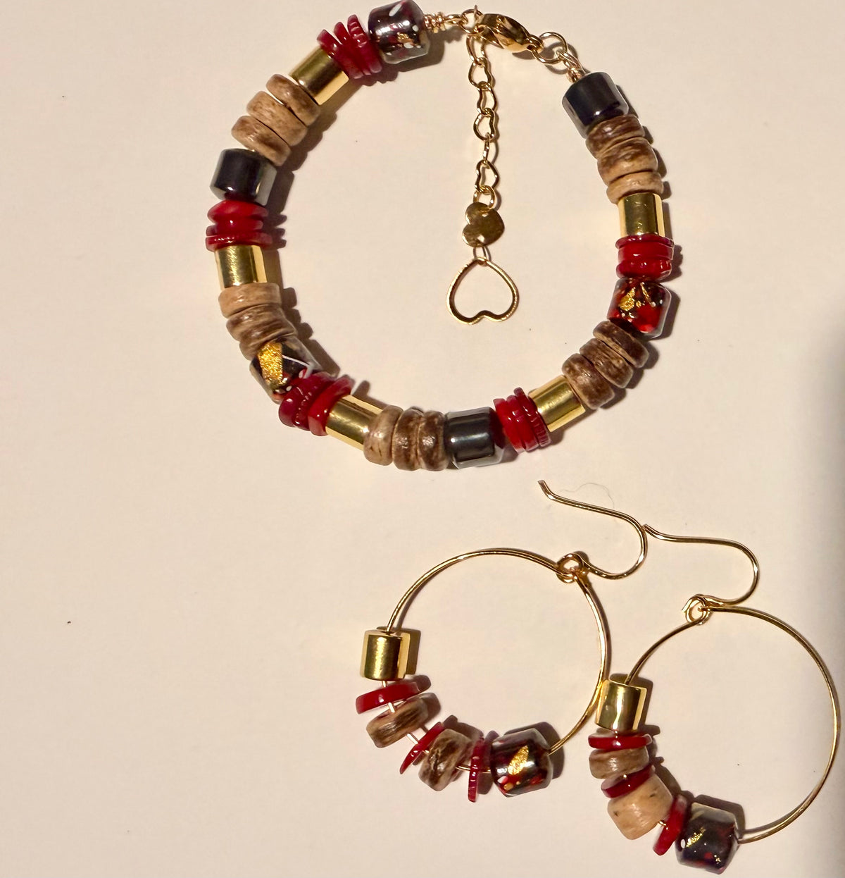 18K Gold Coral & Hematite Bracelet and Hoop Set
