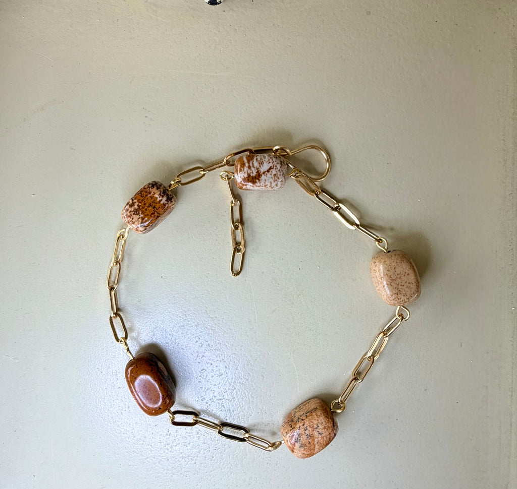 Cuboid Jasper Paperclip Anklet in warm Brown tones