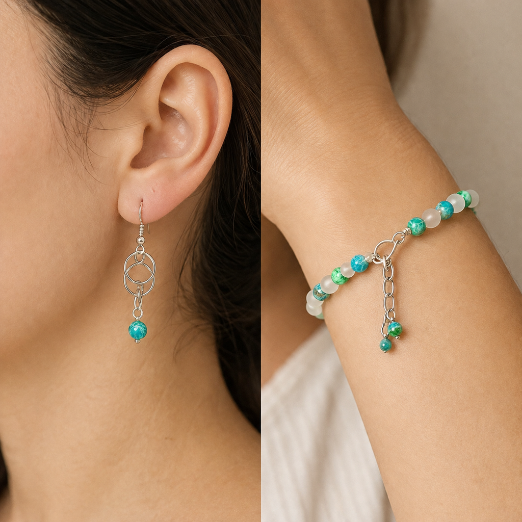Amazonite & Moonstone Jewelry Set- Earrings & Bracelet in Silver or Gold