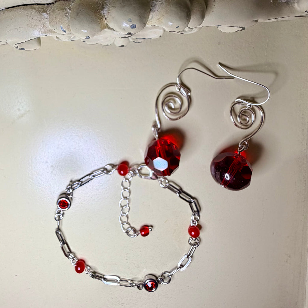 Elegant & Vibrant Ruby Red Rhinestone Crystal Set - Silver Paperclip Link Bracelet & Dangle Earrings Gift for Her by Suzie with Sublime Designs