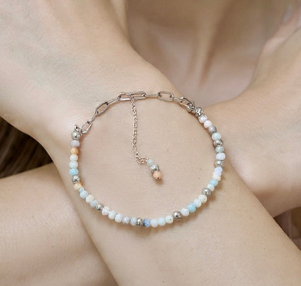 Aquamarine Moonstone Agate Silver Paperclip Bracelet
