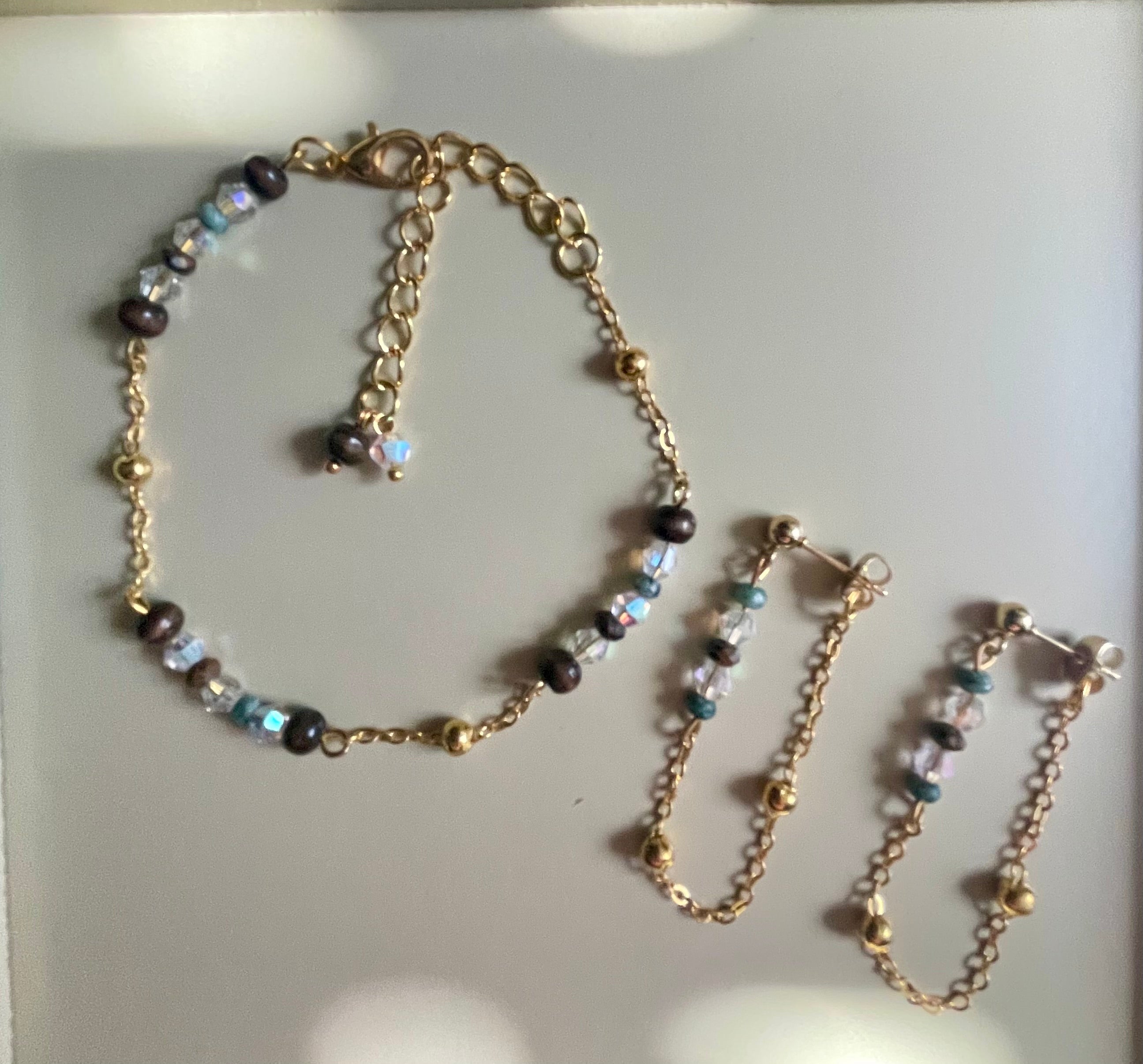 Handmade, Dainty Minimalist 18 Gold Plated Jasper Beaded Jewelry Set - Clear Crystal, Blue & Brown Chain Bracelet/Anklet + Dangle Earrings by SublimeDesignsBySuzie