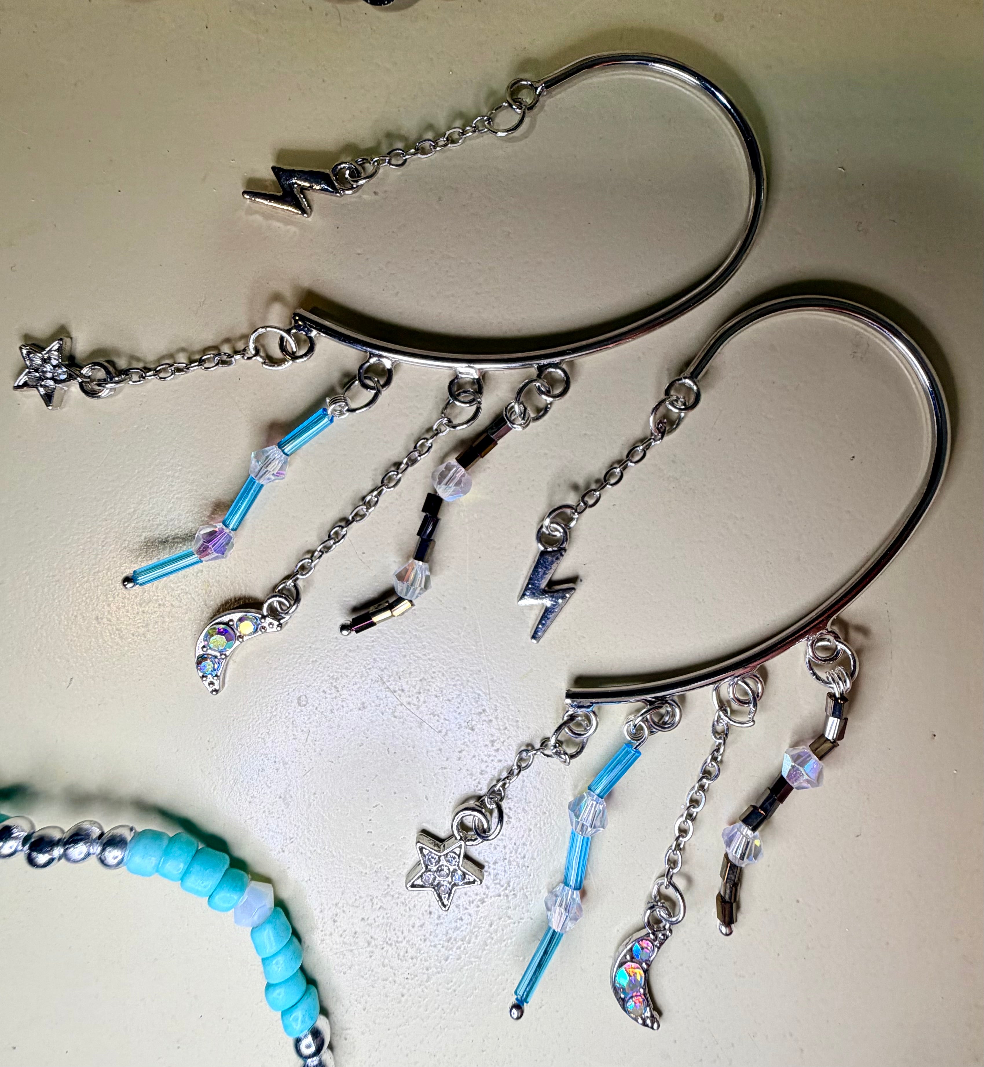 Turquoise Celestial Ear Cuff Jewelry Set – Silver Lightning Bolt & Moon Ear Cuffs with Beaded Bracelet- SublimeDesignsBySuzie