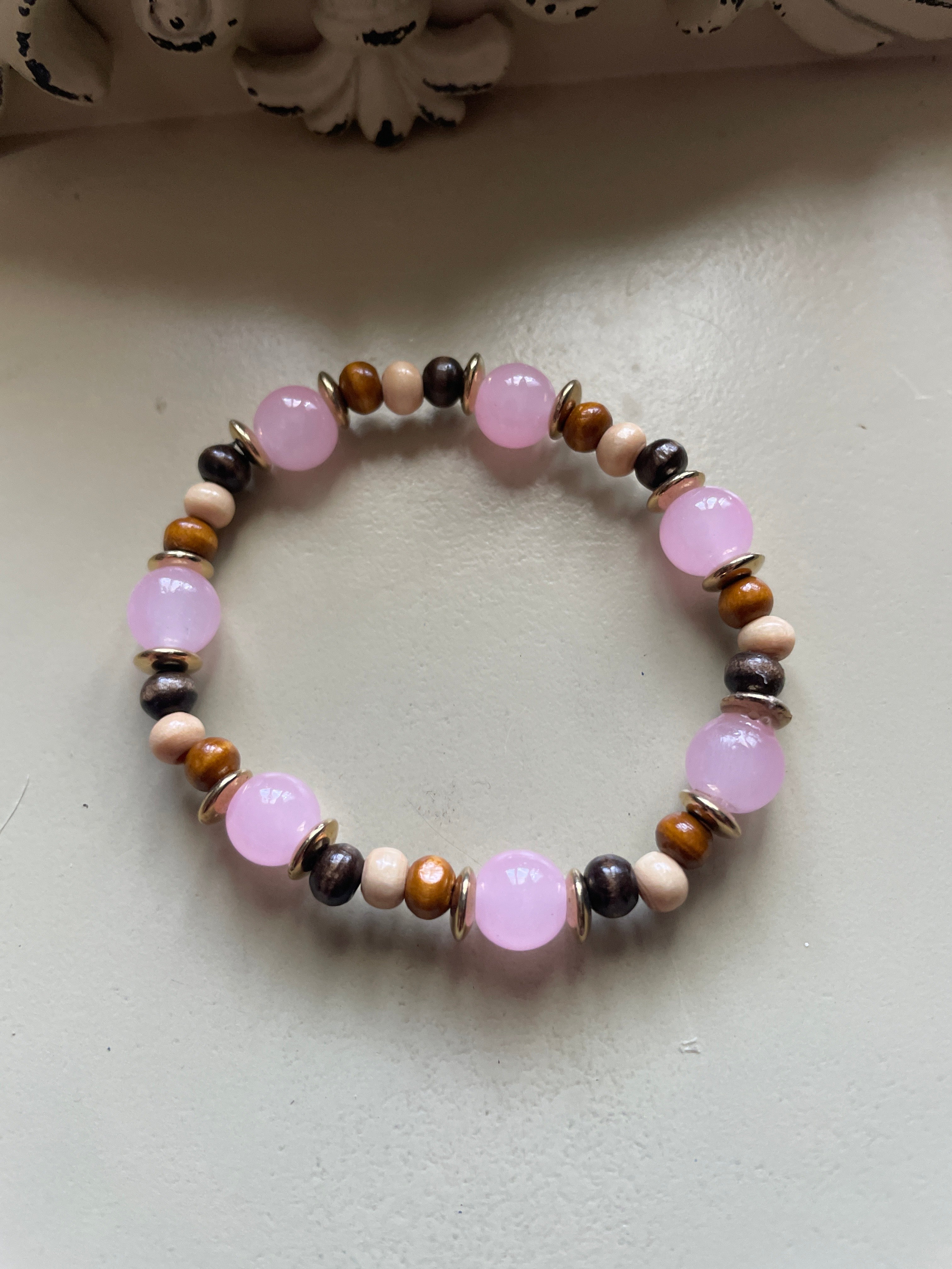 Pink Glass And Wooden Beaded Bracelet