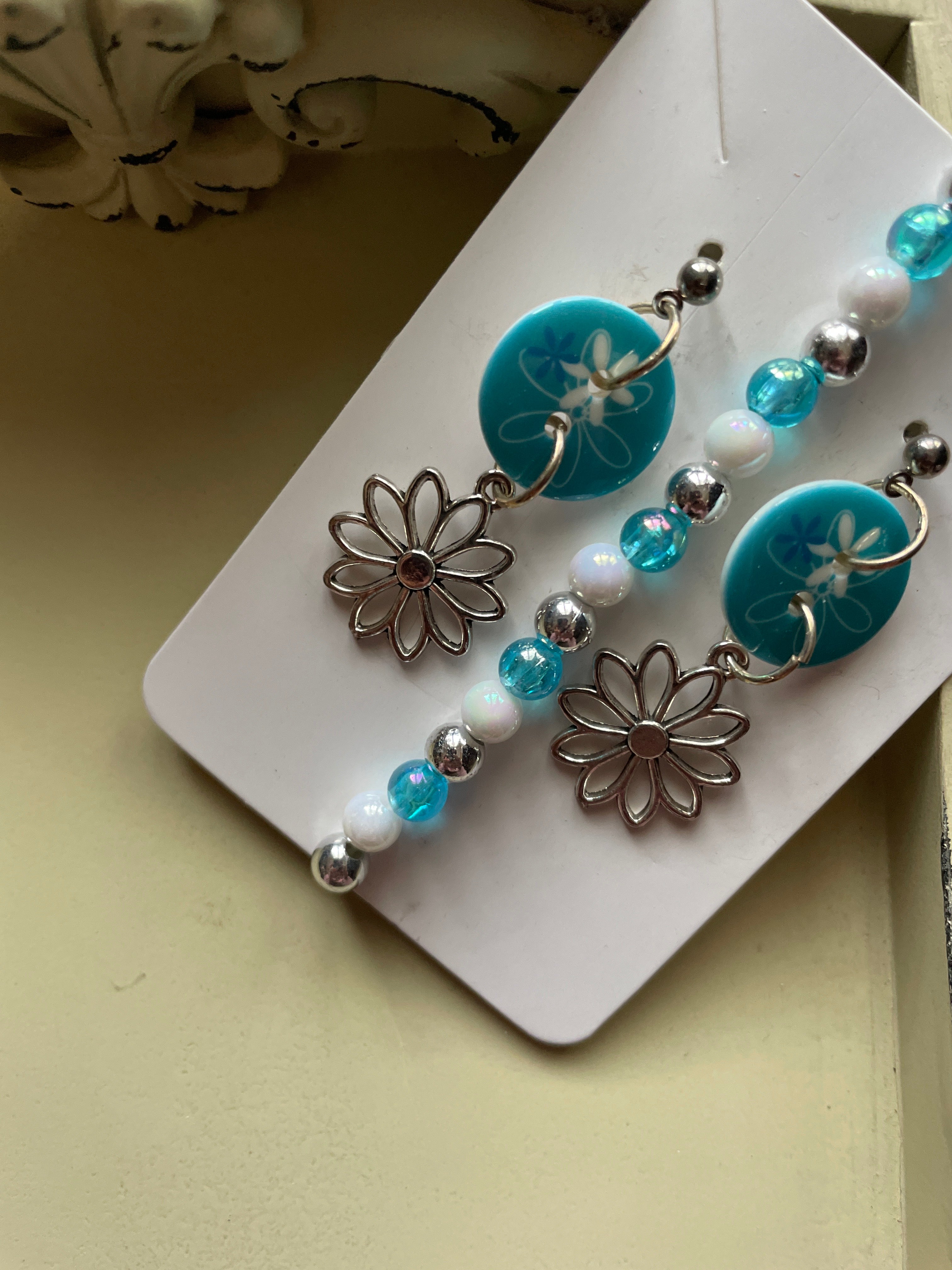 Teal and Silver Flower Drop Jewelry Set