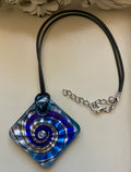 Blue Spiral Murano Blown Glass Diamond Pendant Necklace