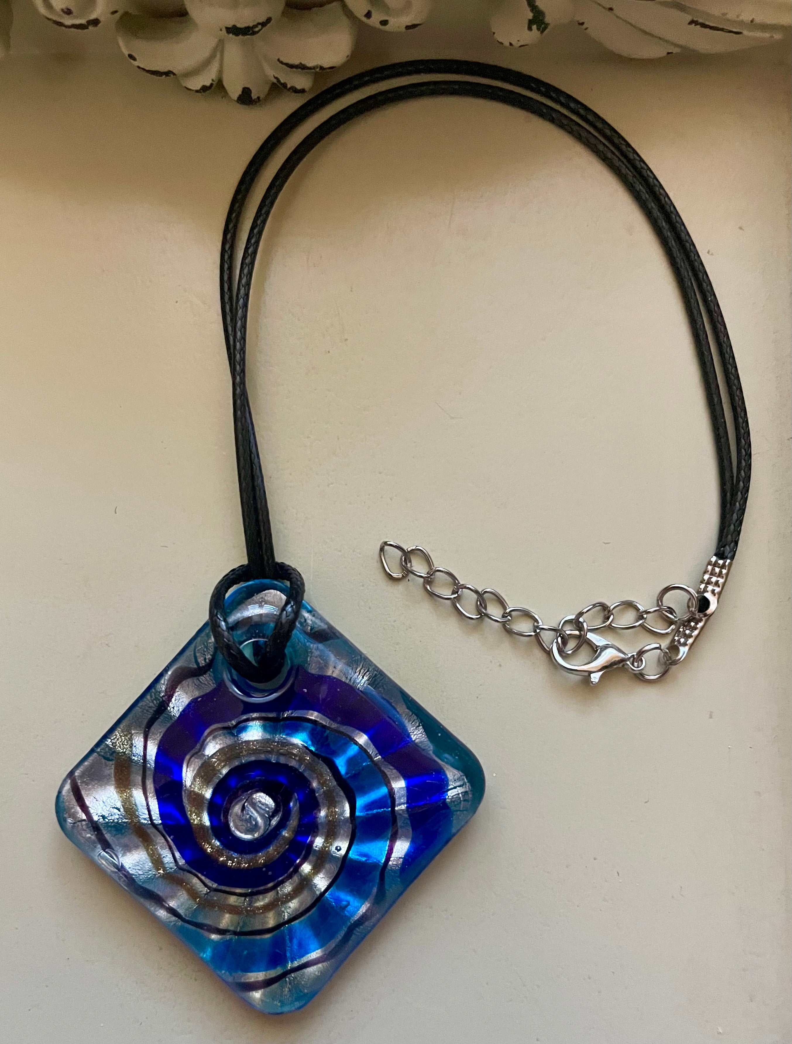 Blue Spiral Murano Blown Glass Diamond Pendant Necklace