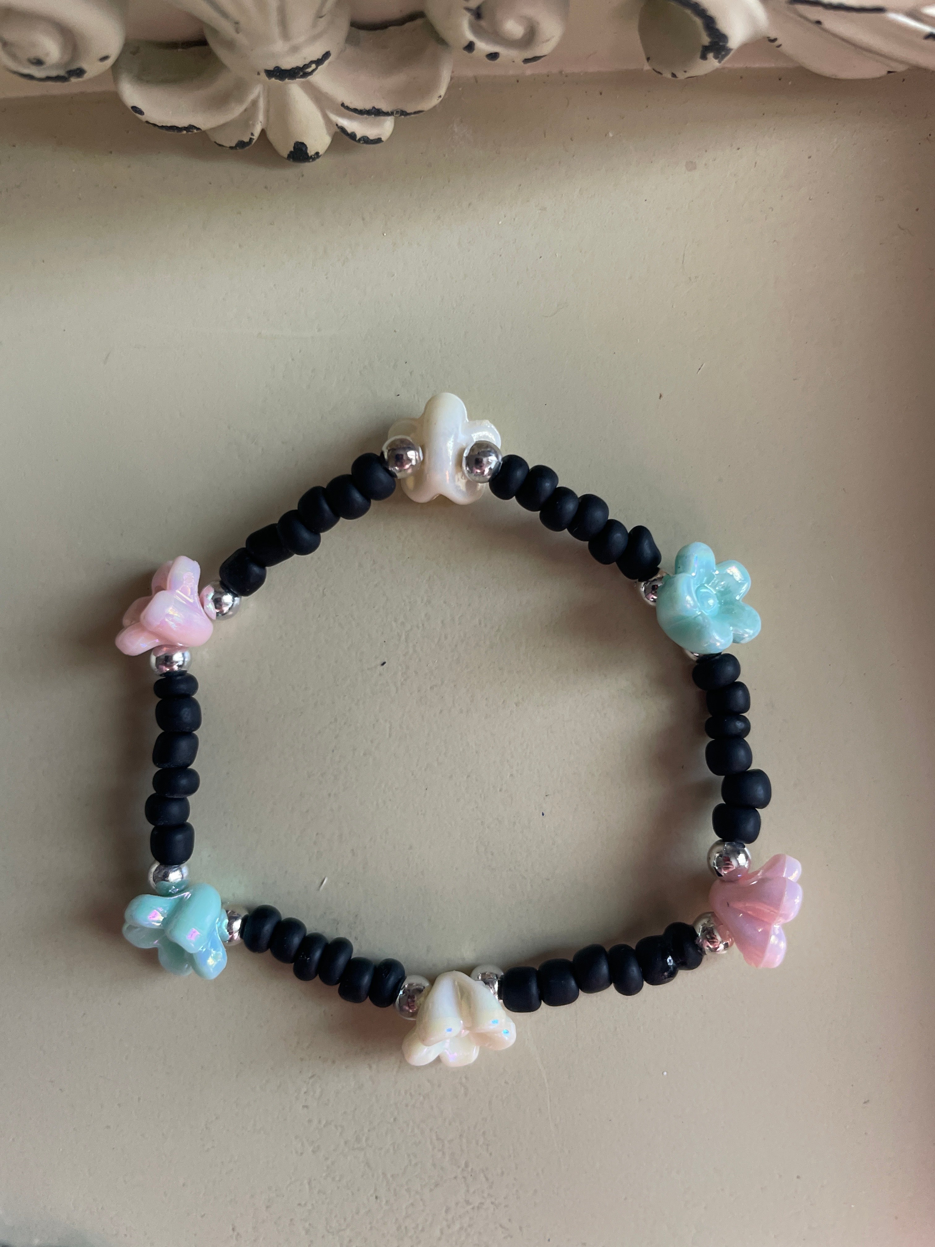 Pastel Flowers with Black Glass Seed Beads