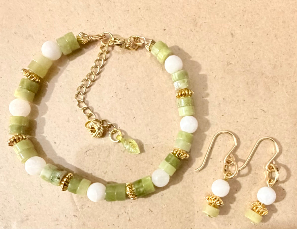 Natural Green Jade and White Quartz Beaded Jewelry Set with 18K Gold Plated Accents