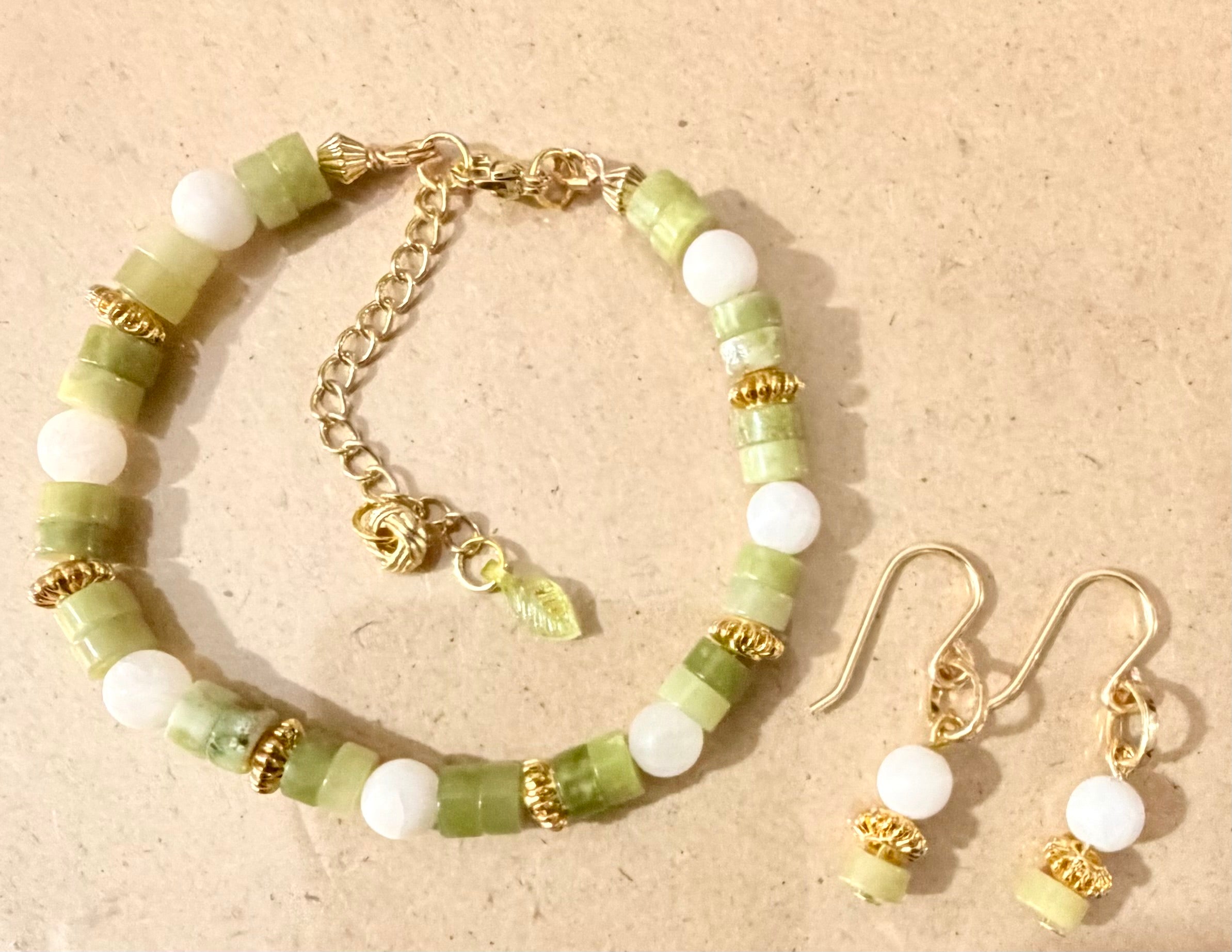 Natural Green Jade and White Quartz Beaded Jewelry Set with 18K Gold Plated Accents