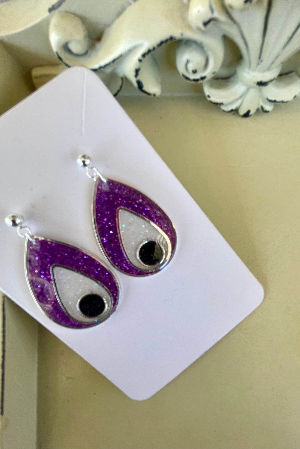 Boho Silver Plated Resin Glitter Earrings & Bracelet Set - Purple Teardrop with Opal Black Inlay, Amethyst Beads Gift for Her- by Suzie with Sublime Designs l