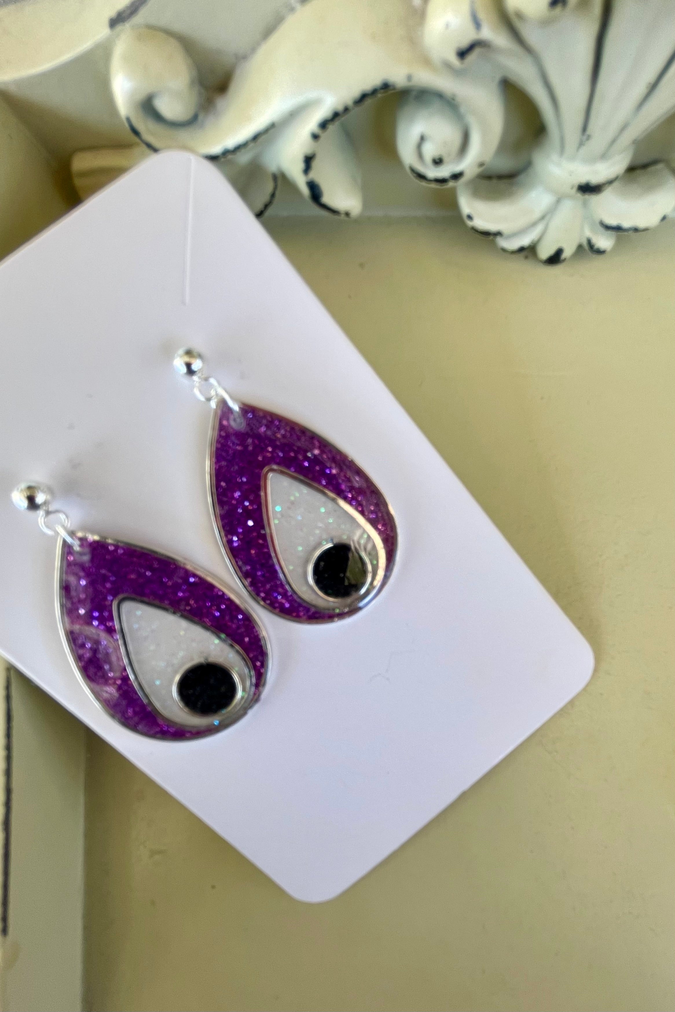 Boho Silver Plated Resin Glitter Earrings & Bracelet Set - Purple Teardrop with Opal Black Inlay, Amethyst Beads Gift for Her- by Suzie with Sublime Designs l