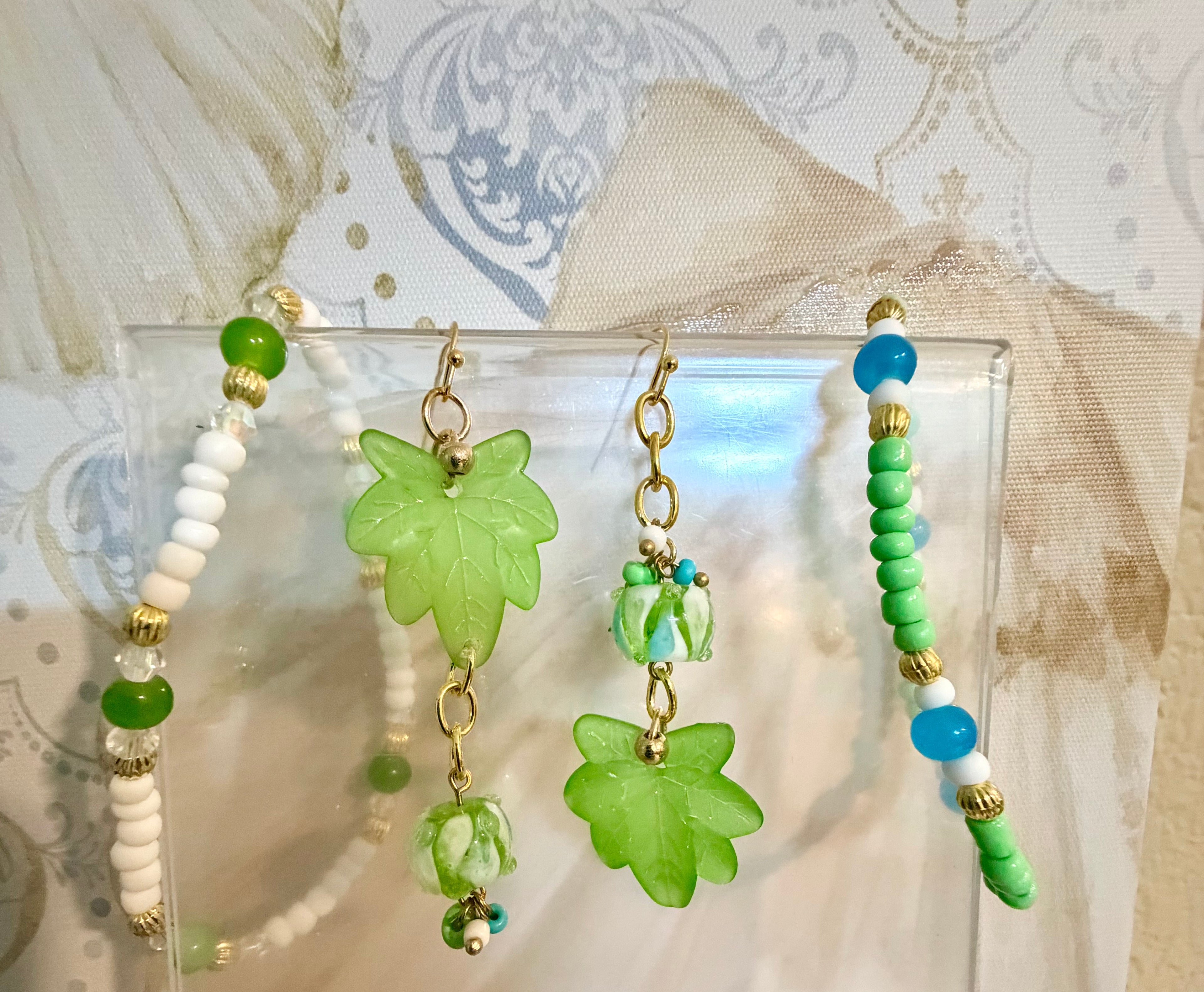 Miss Match Textured Blown Glass Mint  Leaf Jewelry Set