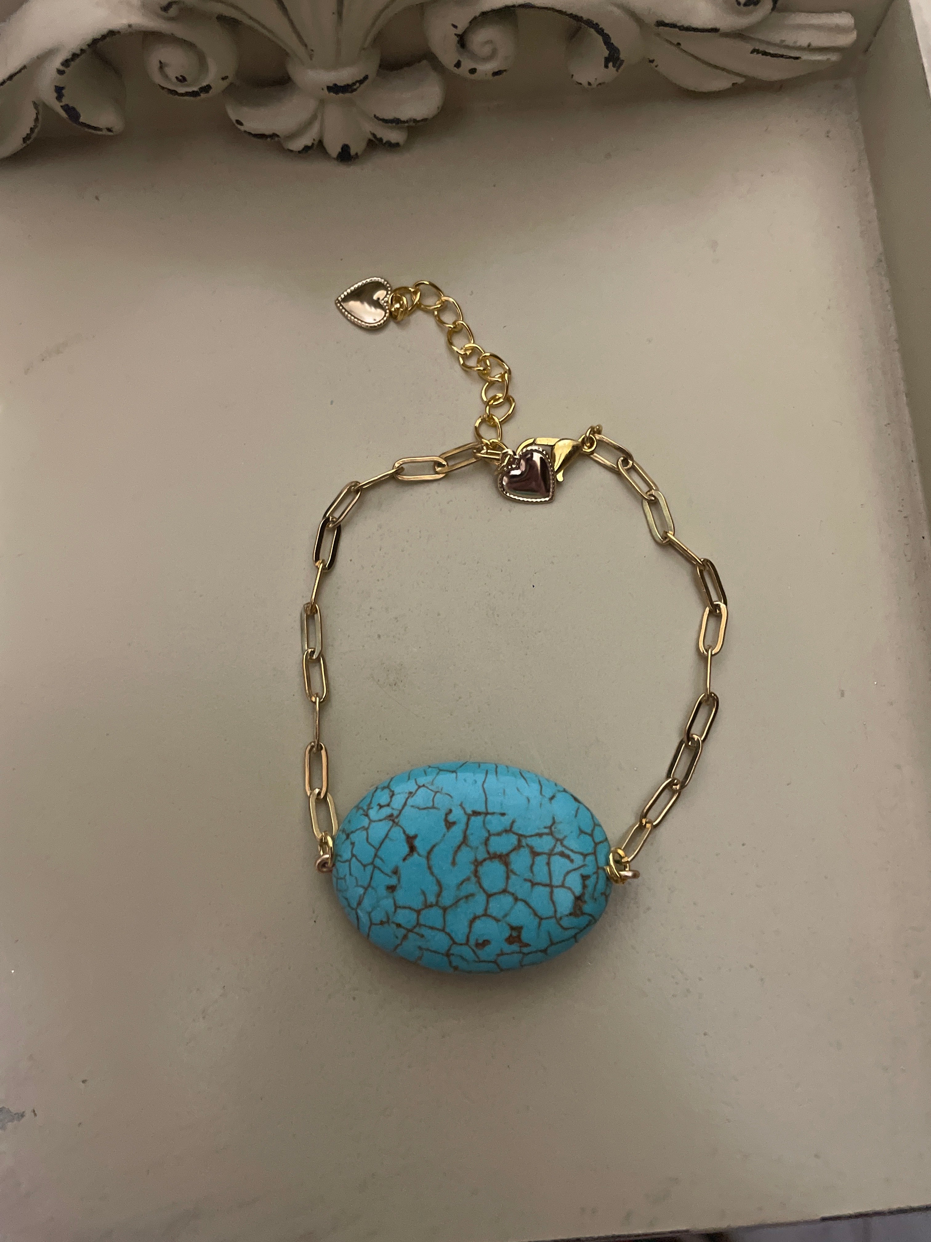 Turquoise Howlite Stone on Gold Paperclip chain- Bracelet or Anklet