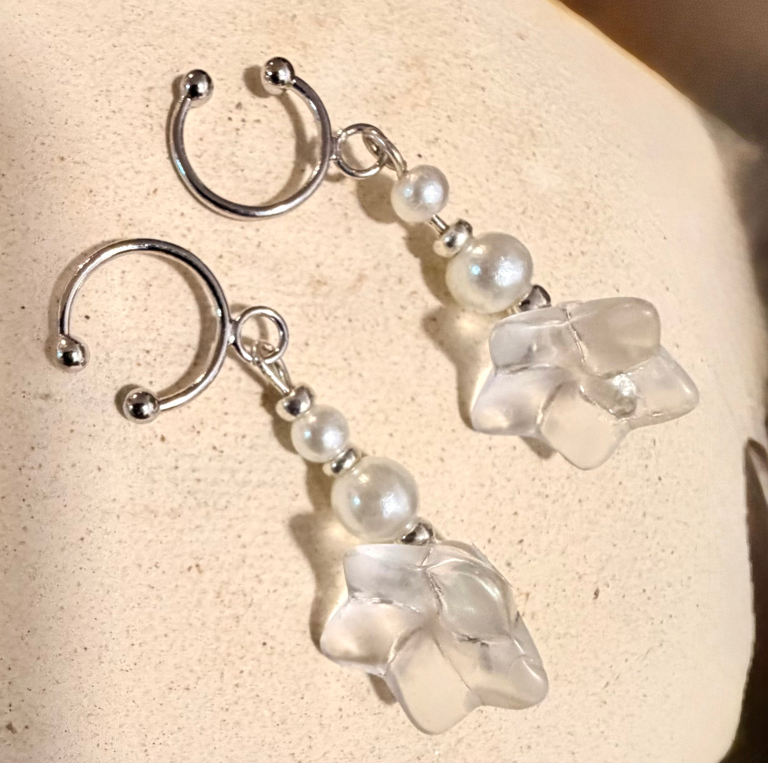 Silver Plated Non-Pierced Ear Cuff Set with Star Charms & Convertible Pearl Flower Bracelet Anklet