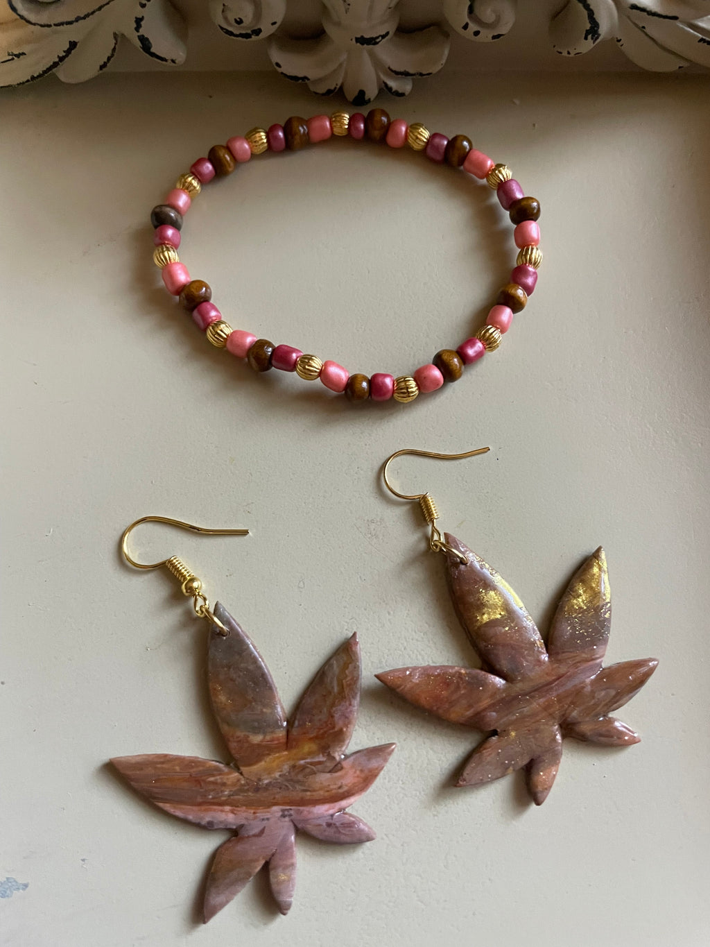 Gold/Raspberry Fern Maple Leaf Jewelry Set