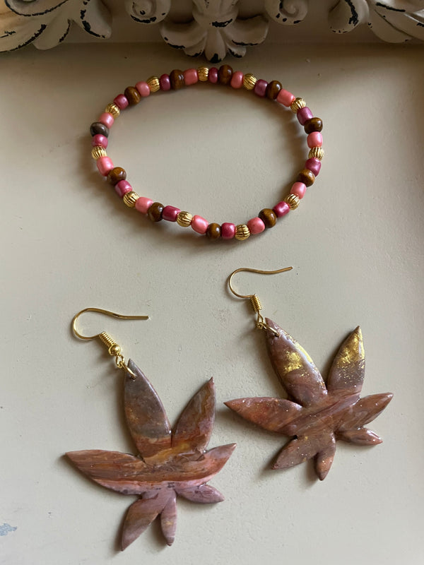 Gold/Raspberry Fern Maple Leaf Jewelry Set