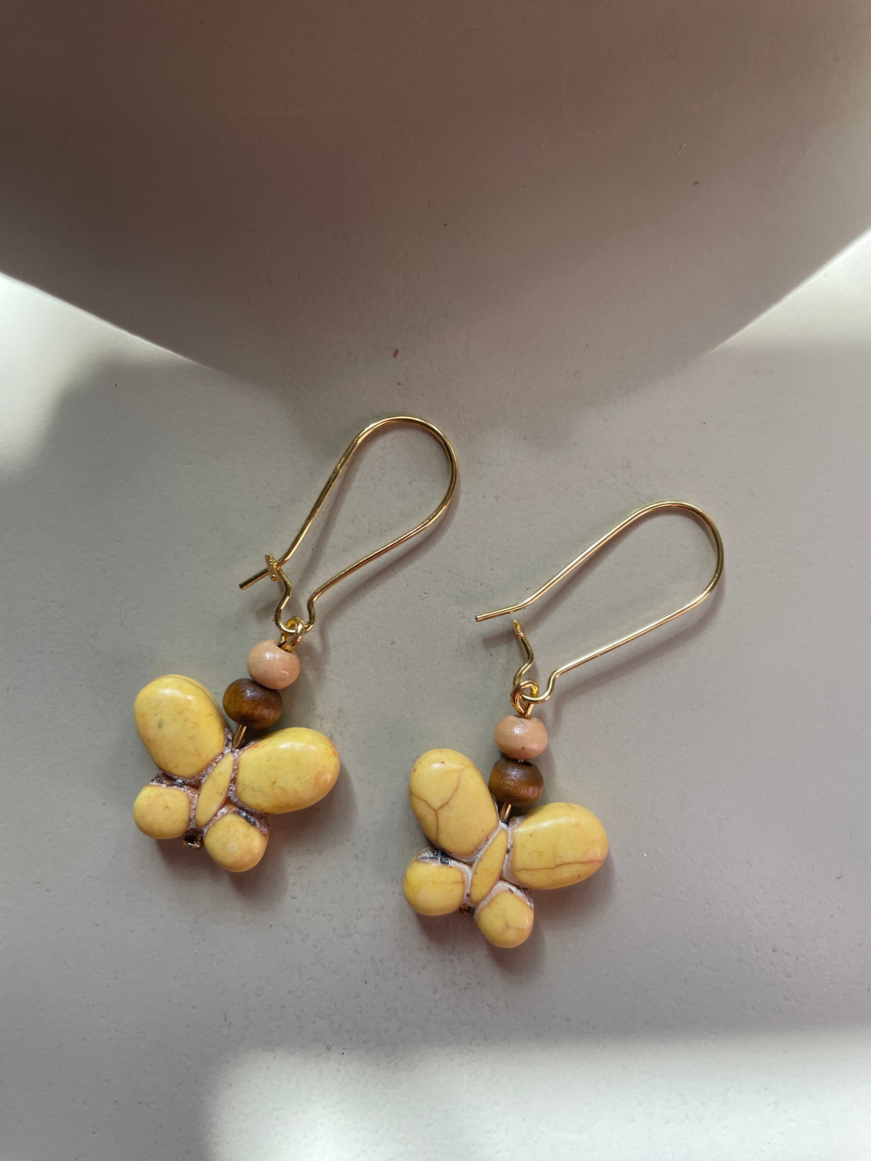 Yellow Butterflies with Gold tone and wood Beads