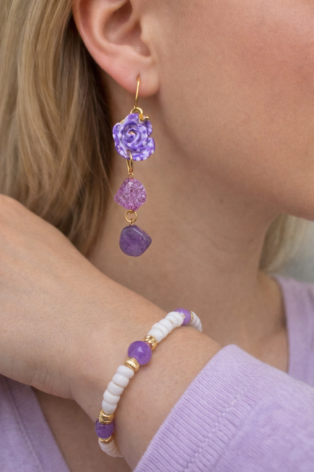 Purple Rose & Crystal Drop Jewelry Set