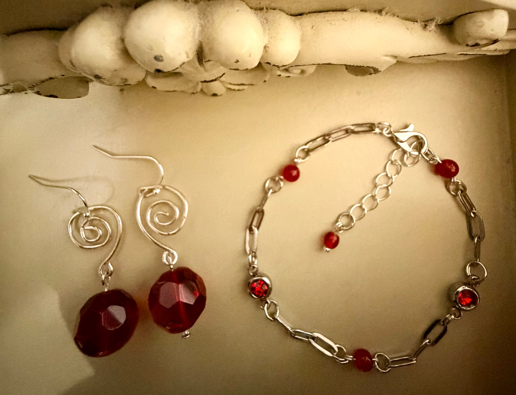 Elegant & Vibrant Ruby Red Rhinestone Crystal Set - Silver Paperclip Link Bracelet & Dangle Earrings Gift for Her by Suzie with Sublime Designs