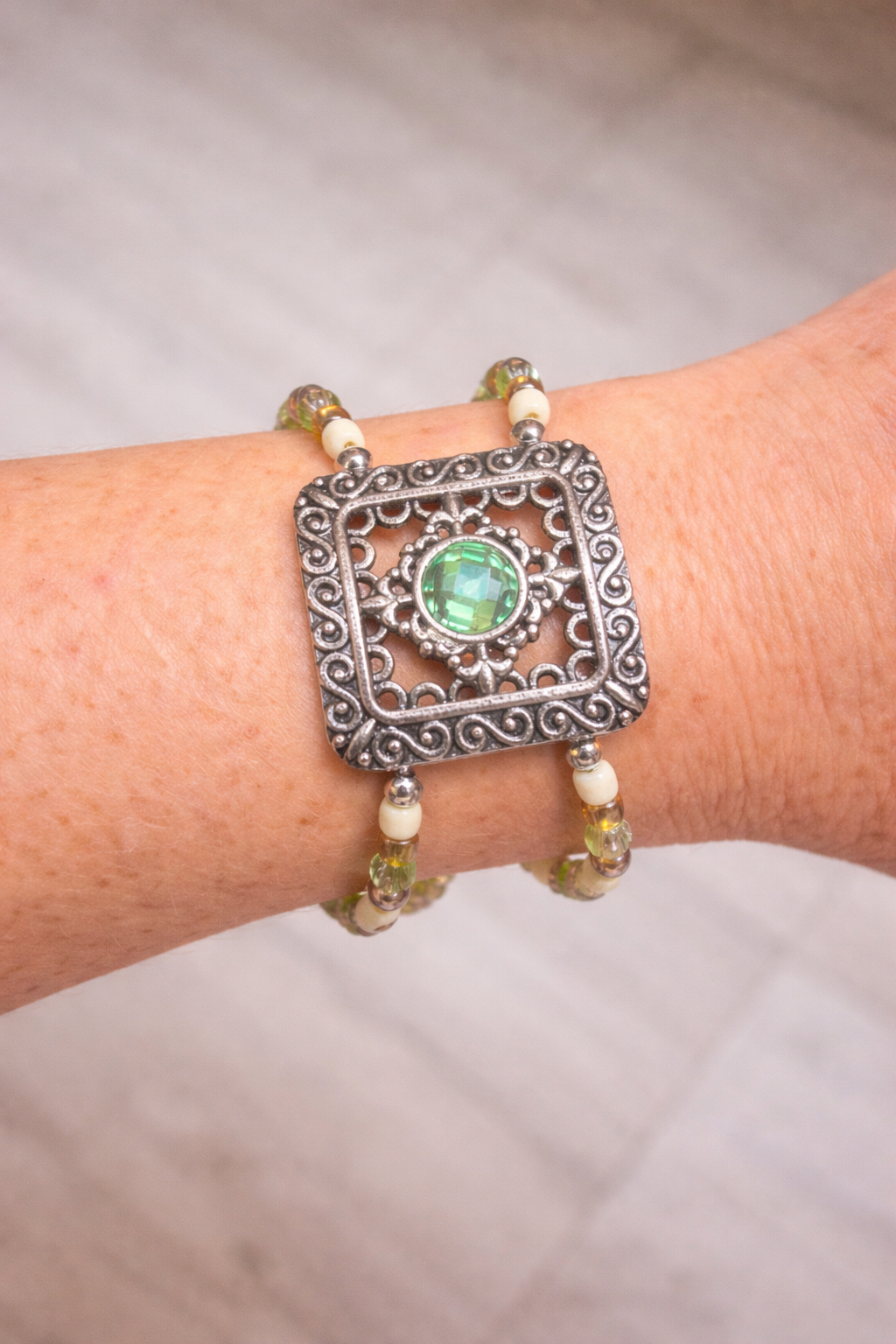 Vintage Style Green Crystal Peridot Geometric Drop Statement Jewelry Set by Suzie with Sublime Designs