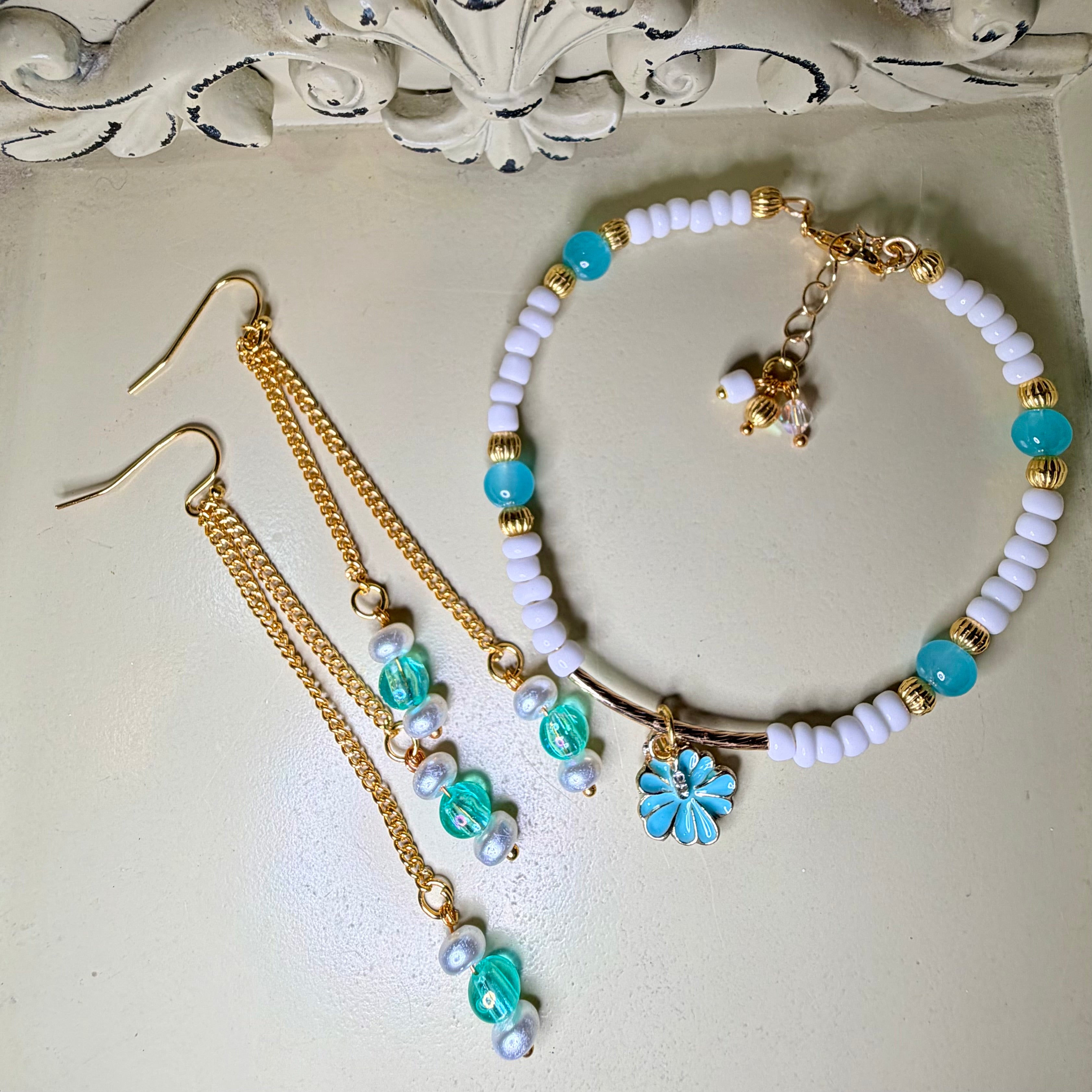 Turquoise & Pearl Gold Plated PVD Beaded Bracelet or Anklet & Dangle Earrings Set - Bohemian Beach Style, Flower Charm, Handmade Gift made by Suzie with Sublime Designs