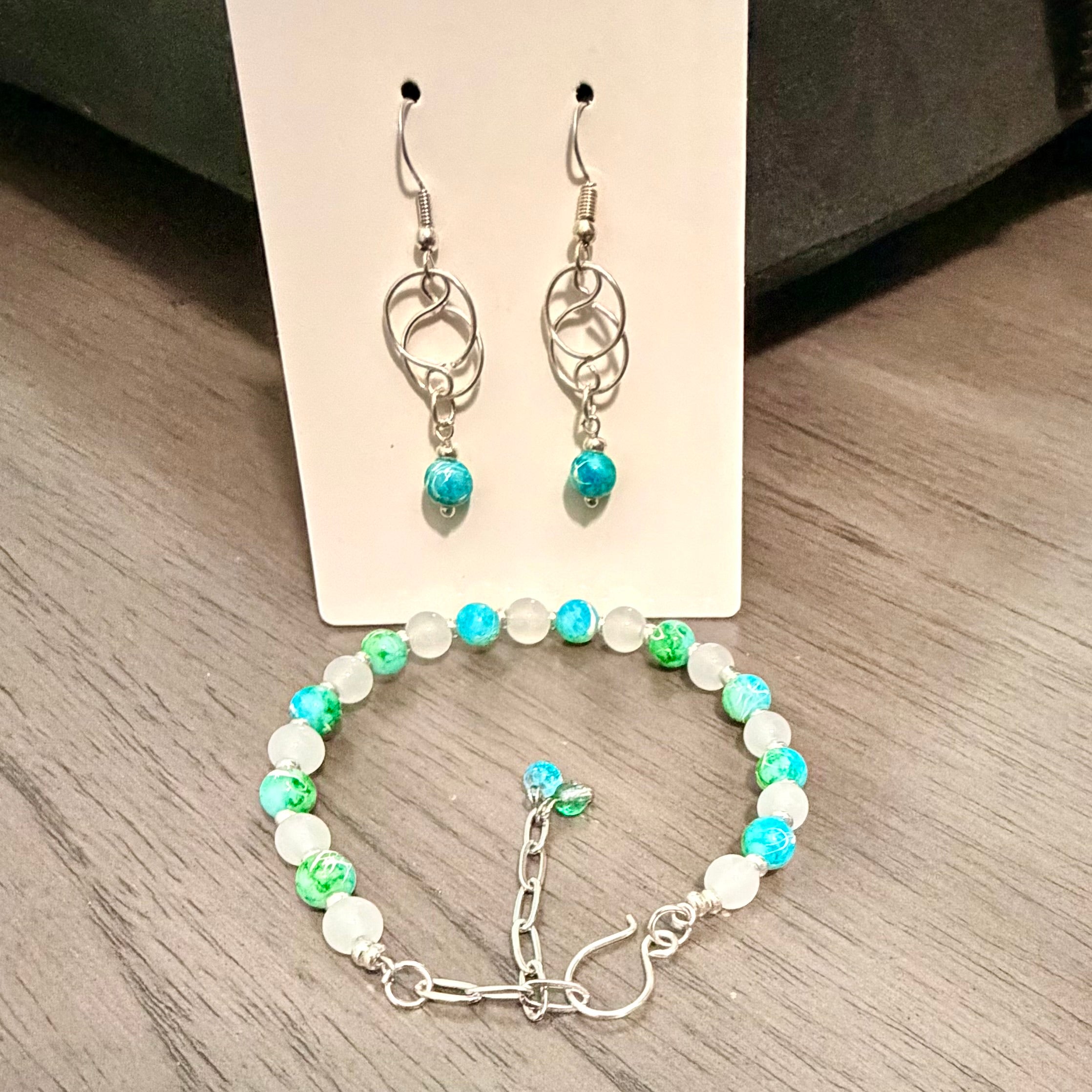 Amazonite & Moonstone Jewelry Set- Earrings & Bracelet in Silver or Gold